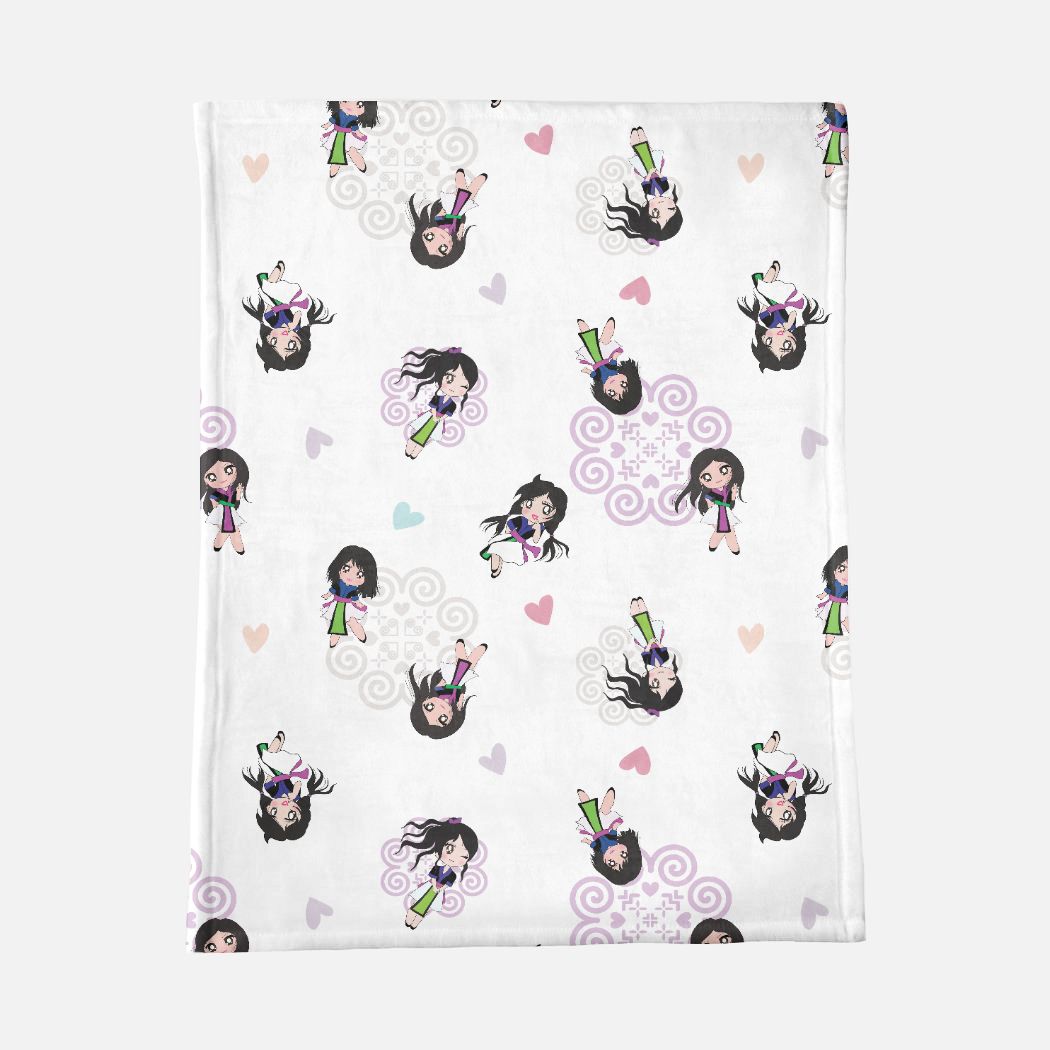Minky Blanket - Hmong Inspired - Kawaii Characters - Hearts Watercolor - White BG
