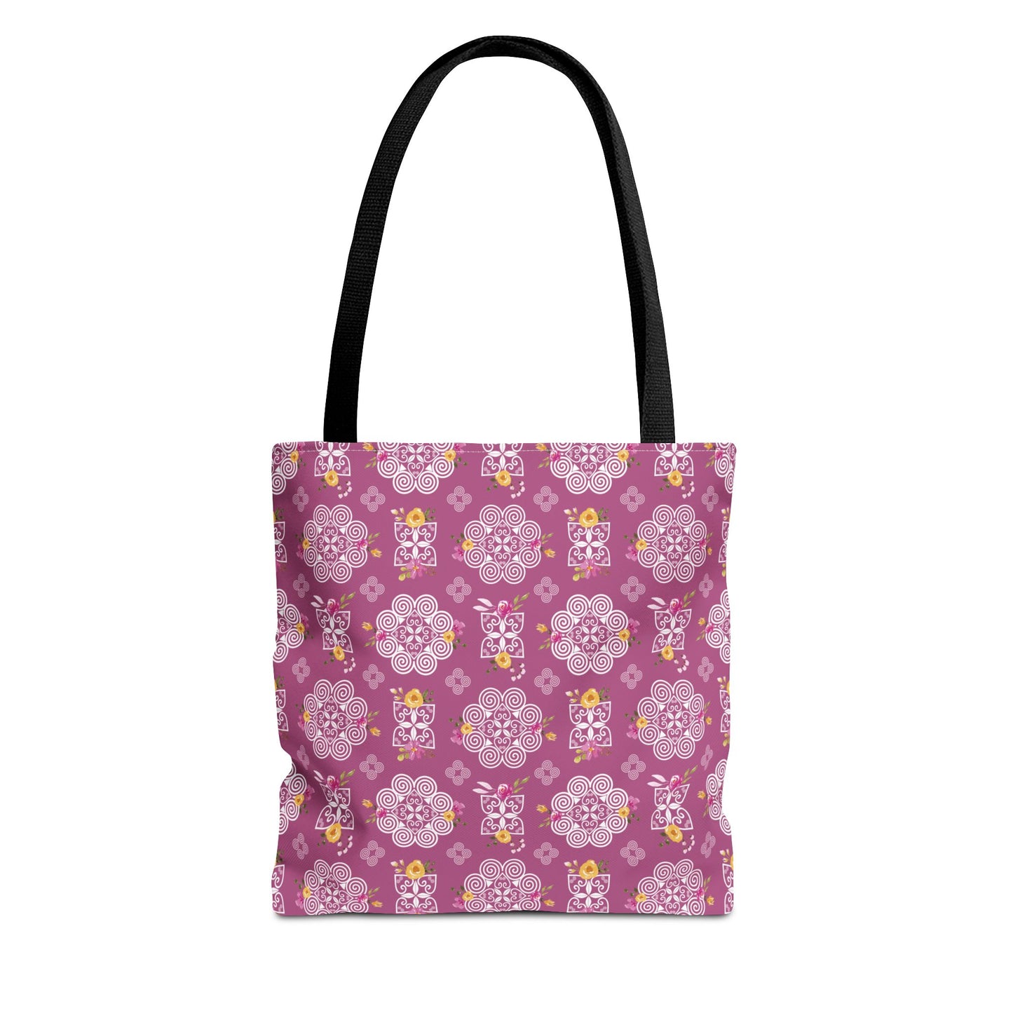 Tote Bag (AOP) - Hmong Inspired Design - Pink and Yellow Watercolor Floral Flowers - White on Plum Background