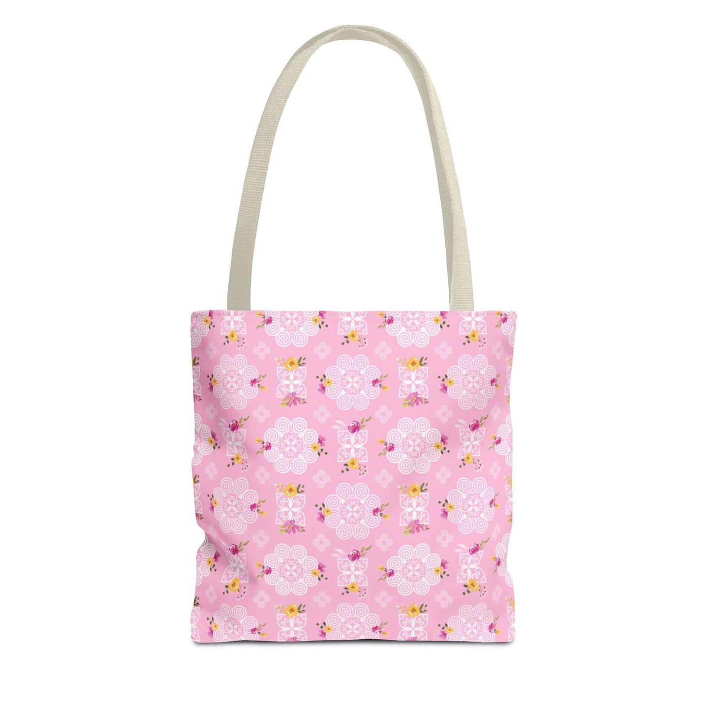 Tote Bag (AOP) - Hmong Inspired Design - Pink and Yellow Watercolor Floral Flowers - White on Pink Background