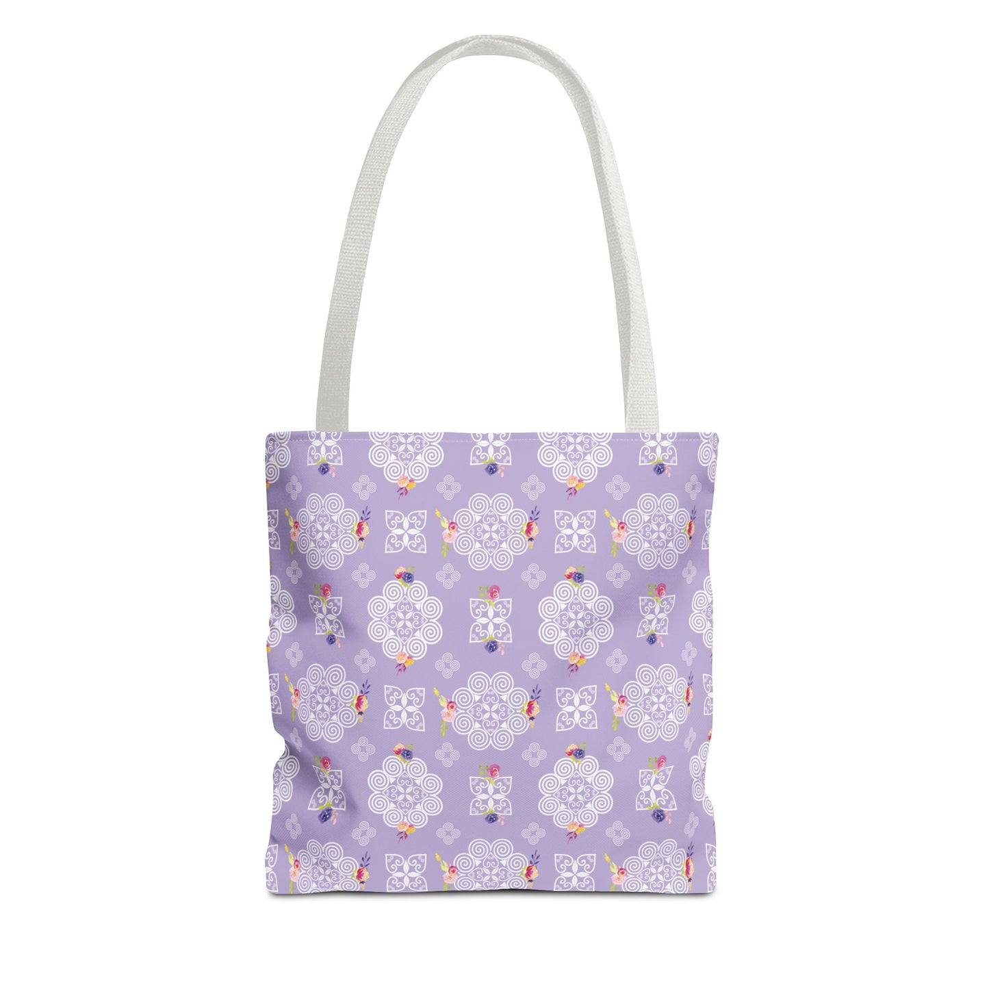Tote Bag (AOP) - Hmong Inspired Design - Pink and Purple Roses Watercolor Florals Flowers - White on Purple BG