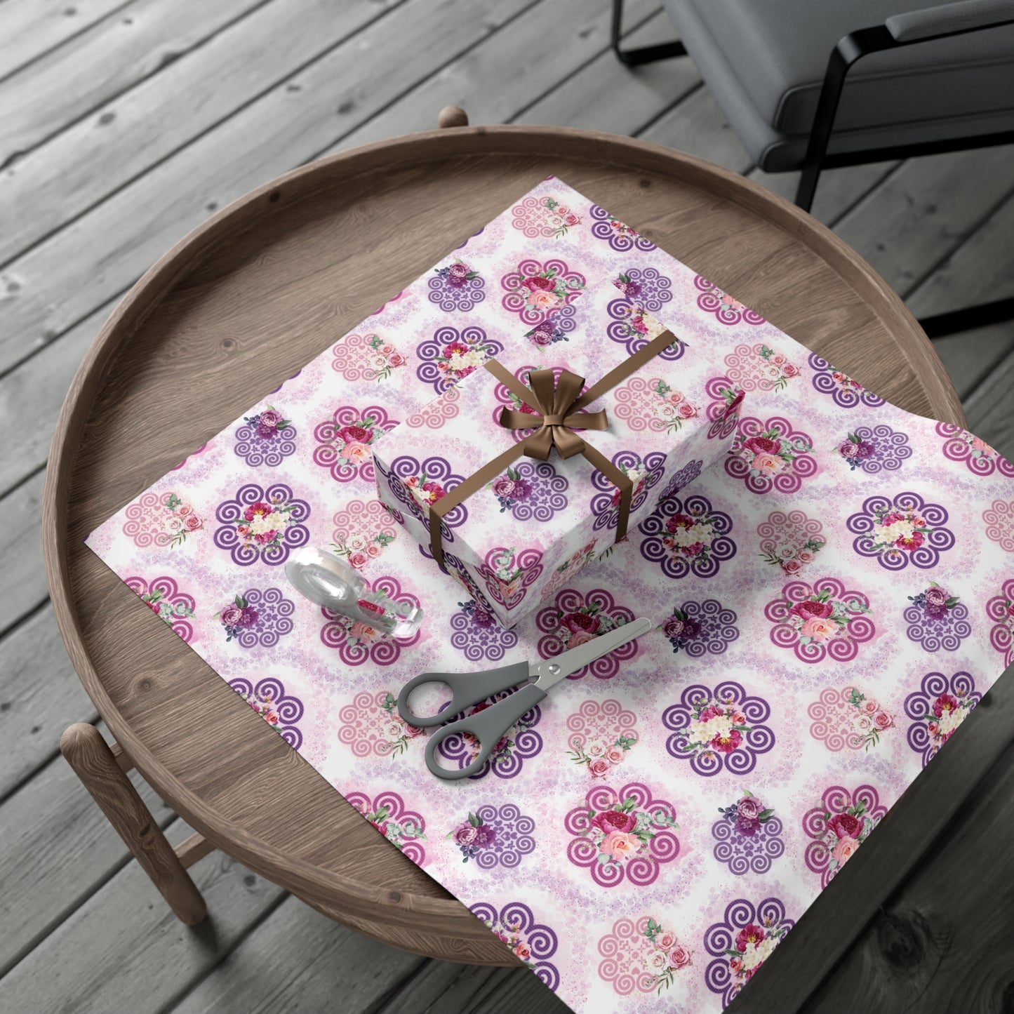 Gift Wrap Papers - Hmong Inspired - Pink & Purple Watercolor Florals Flowers Patch - Pink Purple Ink Drips - White BG