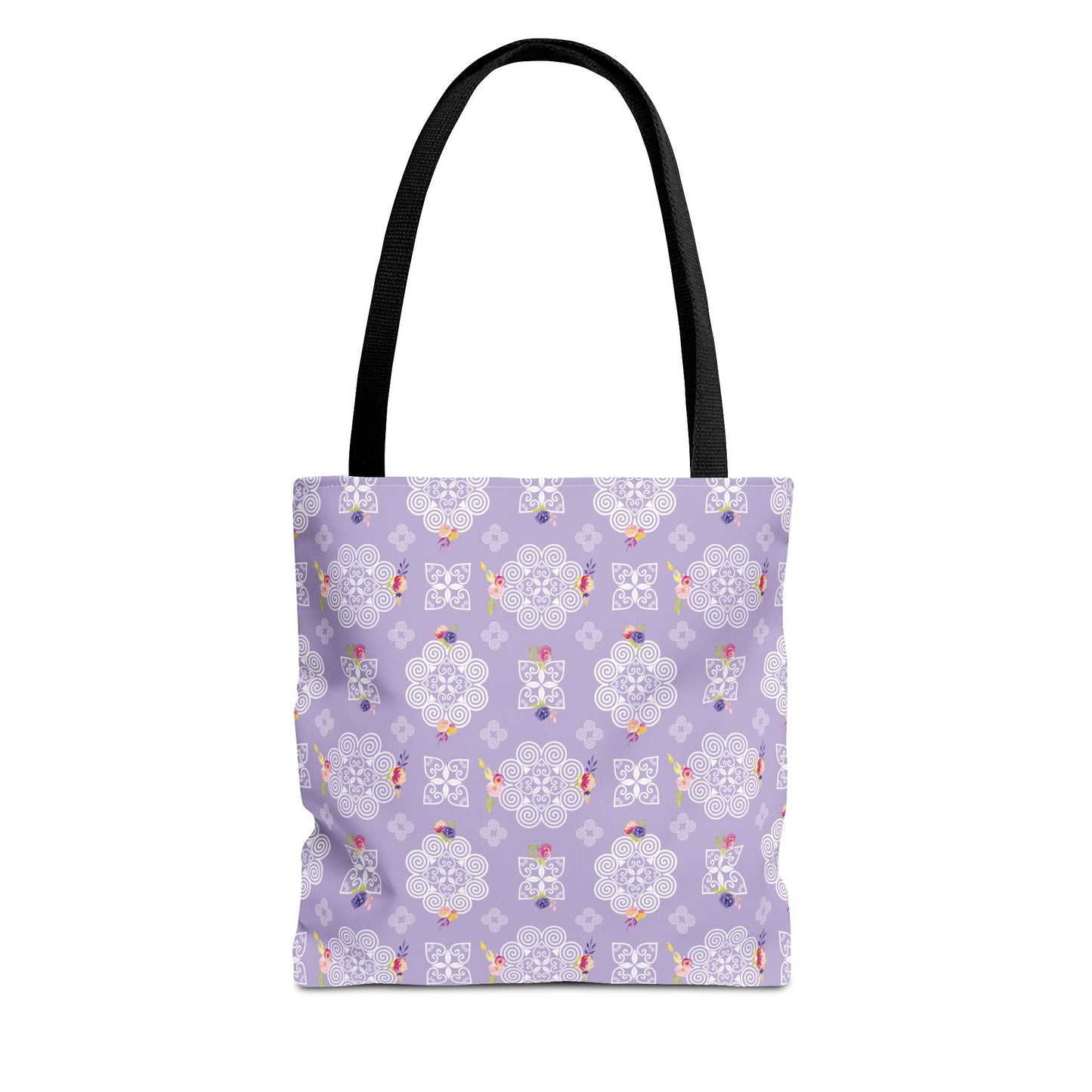 Tote Bag (AOP) - Hmong Inspired Design - Pink and Purple Roses Watercolor Florals Flowers - White on Purple BG