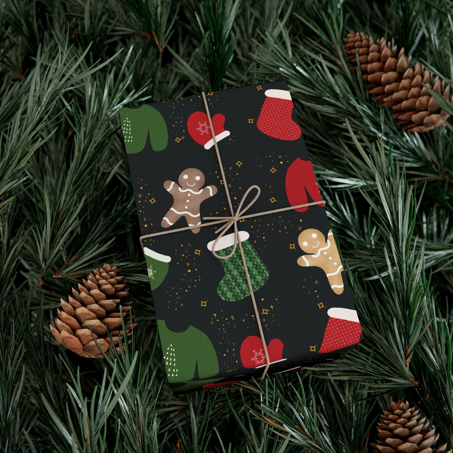 Gift Wrap Papers - Christmas Theme - Sweaters Stockings Mittens Gingerbread - Black BG