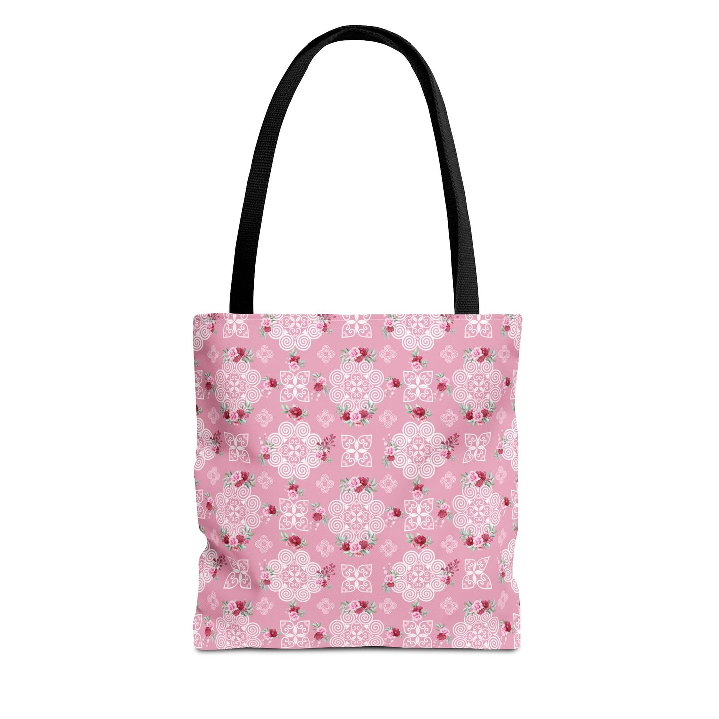 Tote Bag (AOP) - Hmong Inspired Design - Red and Pink Roses Watercolor Floral Flowers - White on Pink Background