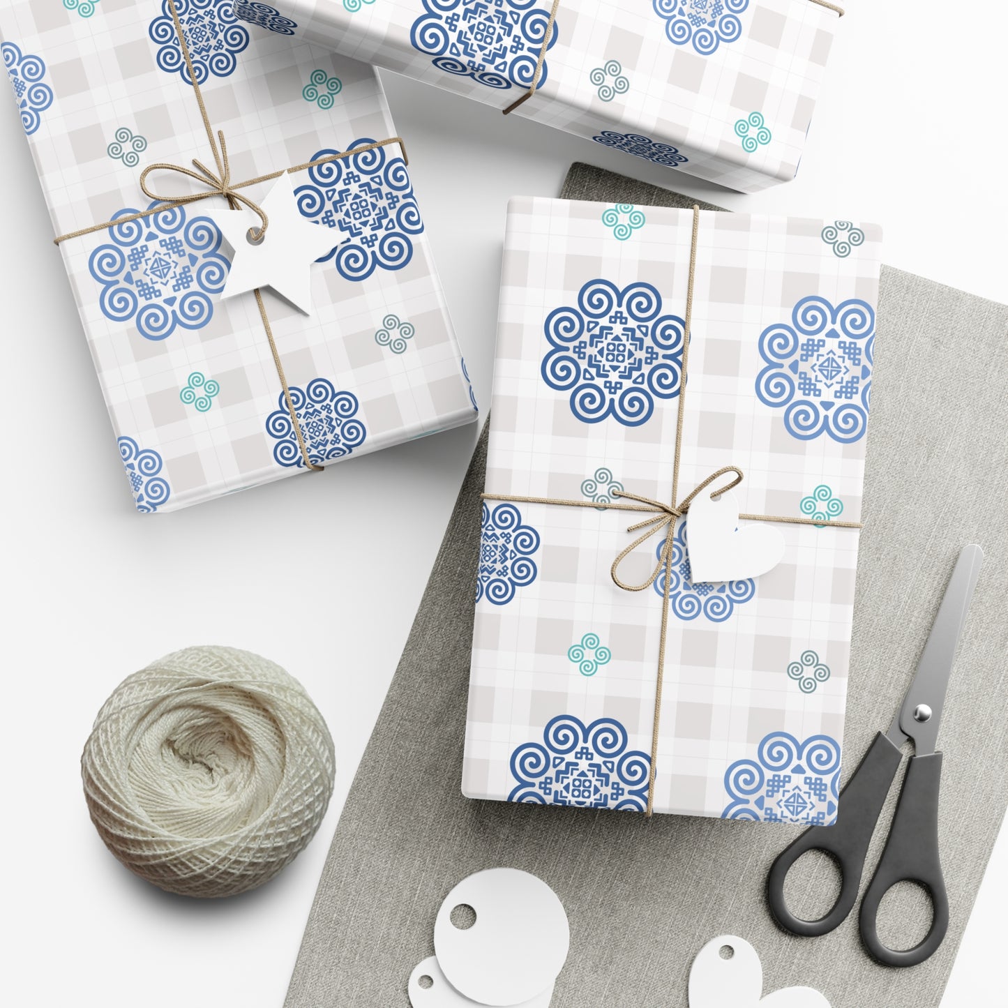Gift Wrap Papers - Hmong Inspired - Blue Neutral Theme - Plaid Pattern BG