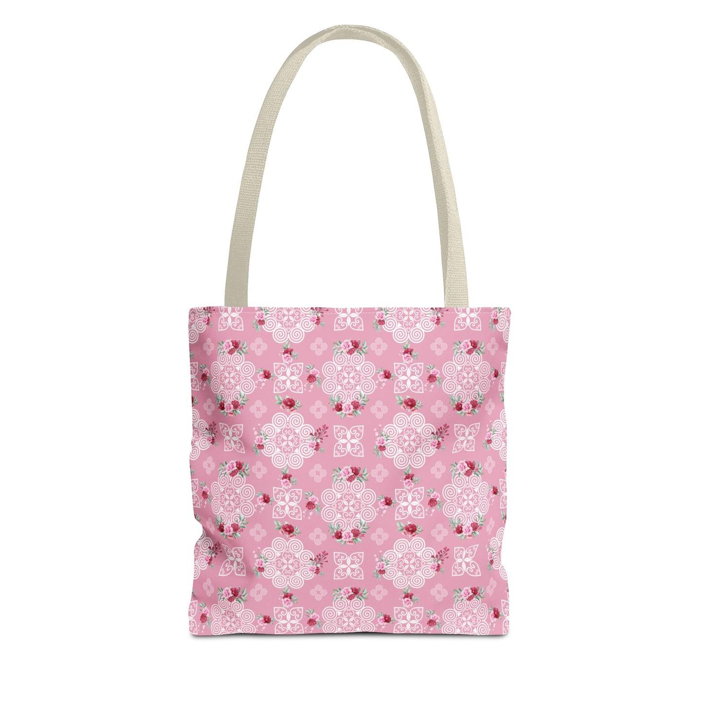 Tote Bag (AOP) - Hmong Inspired Design - Red and Pink Roses Watercolor Floral Flowers - White on Pink Background