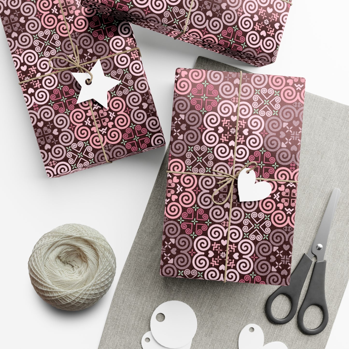 Gift Wrap Papers - Hmong Inspired - Cute Bright Colorful Bold Textured Watercolor - Pink Red Brown Theme on Dark Brown BG