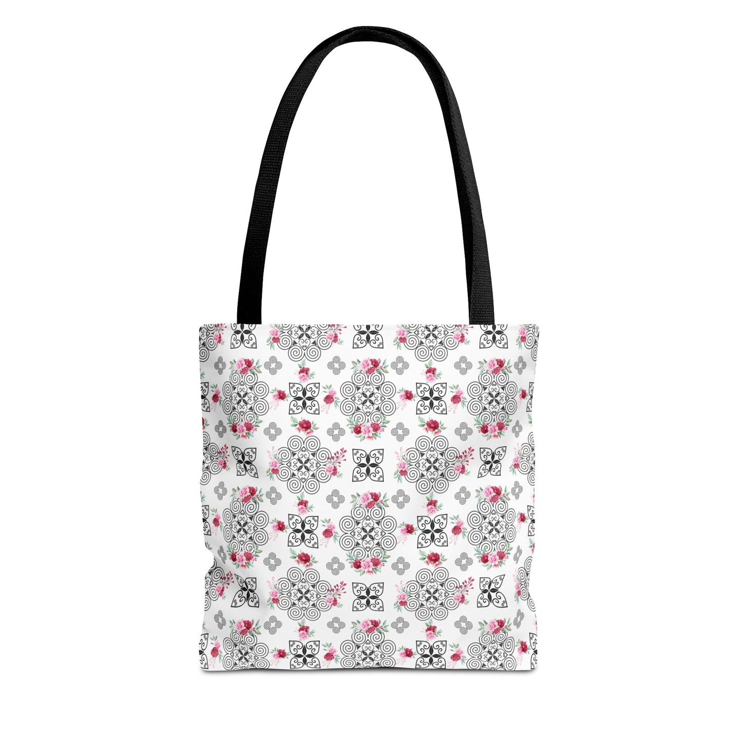 Tote Bag (AOP) - Hmong Inspired Design - Red and Pink Roses Watercolor Floral Flowers - Black on White Background