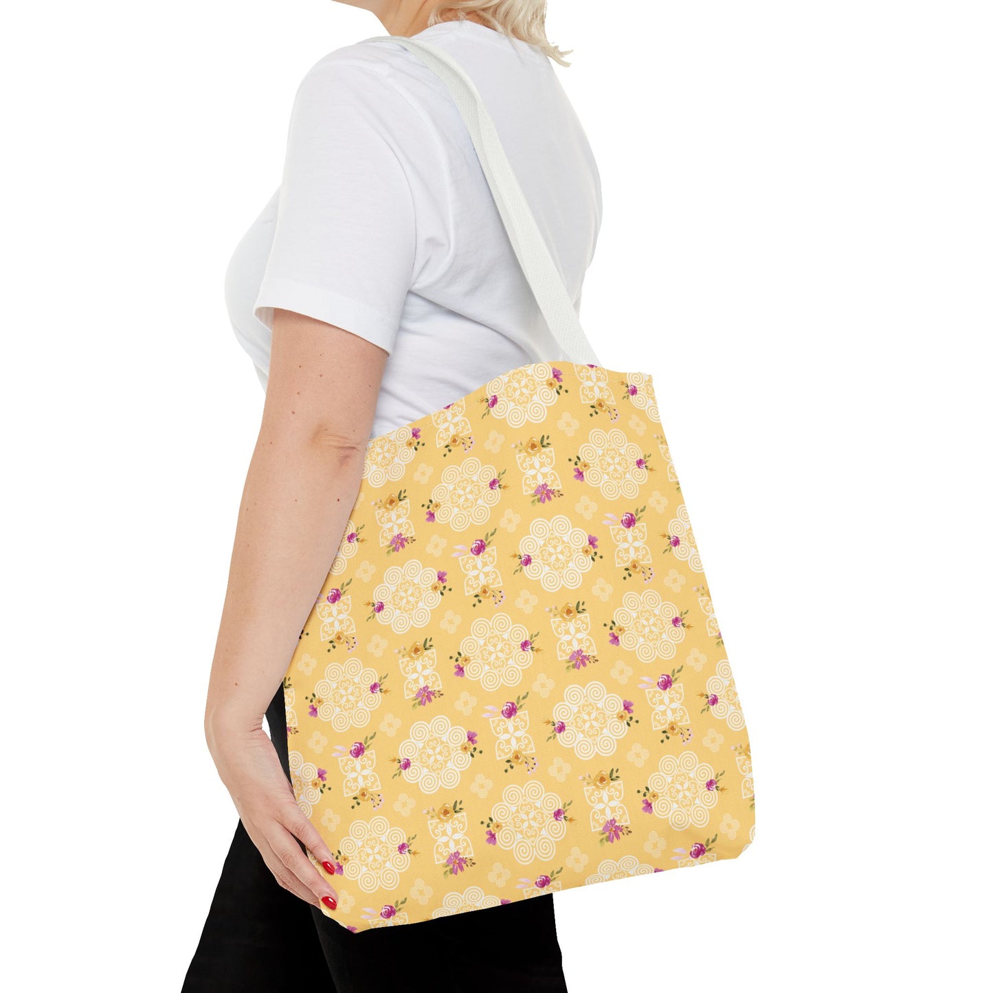 Tote Bag (AOP) - Hmong Inspired Design - Pink and Yellow Watercolor Floral Flowers - White on Yellow Background