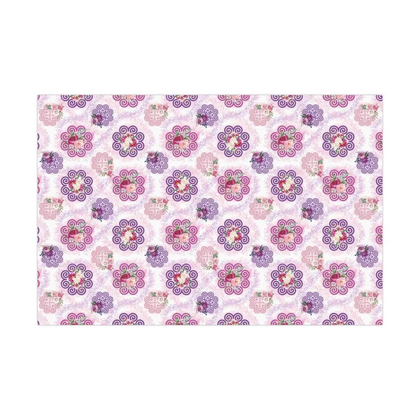 Gift Wrap Papers - Hmong Inspired - Pink & Purple Watercolor Florals Flowers Patch - Pink Purple Ink Drips - White BG