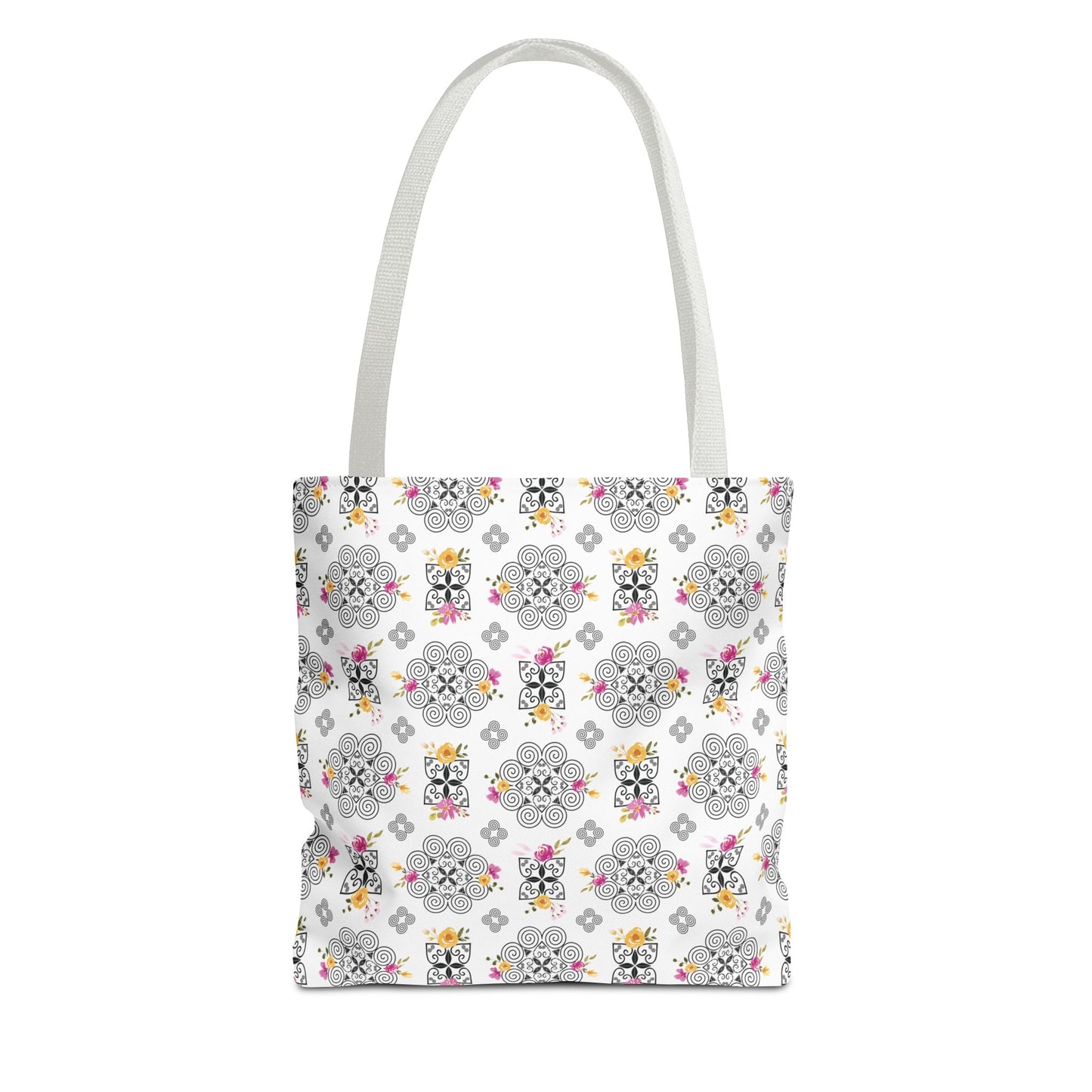 Tote Bag (AOP) - Hmong Inspired Design - Pink and Yellow Watercolor Floral Flowers - Black on White Background