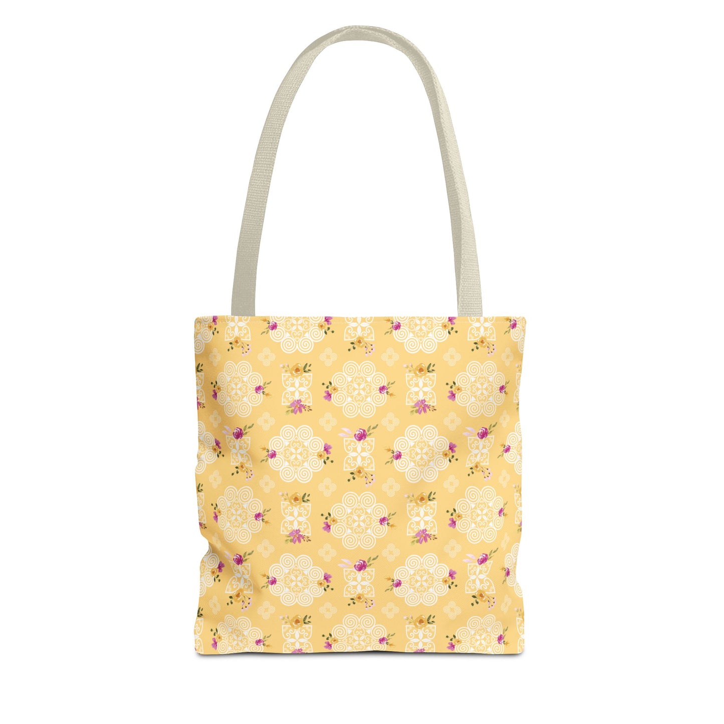 Tote Bag (AOP) - Hmong Inspired Design - Pink and Yellow Watercolor Floral Flowers - White on Yellow Background