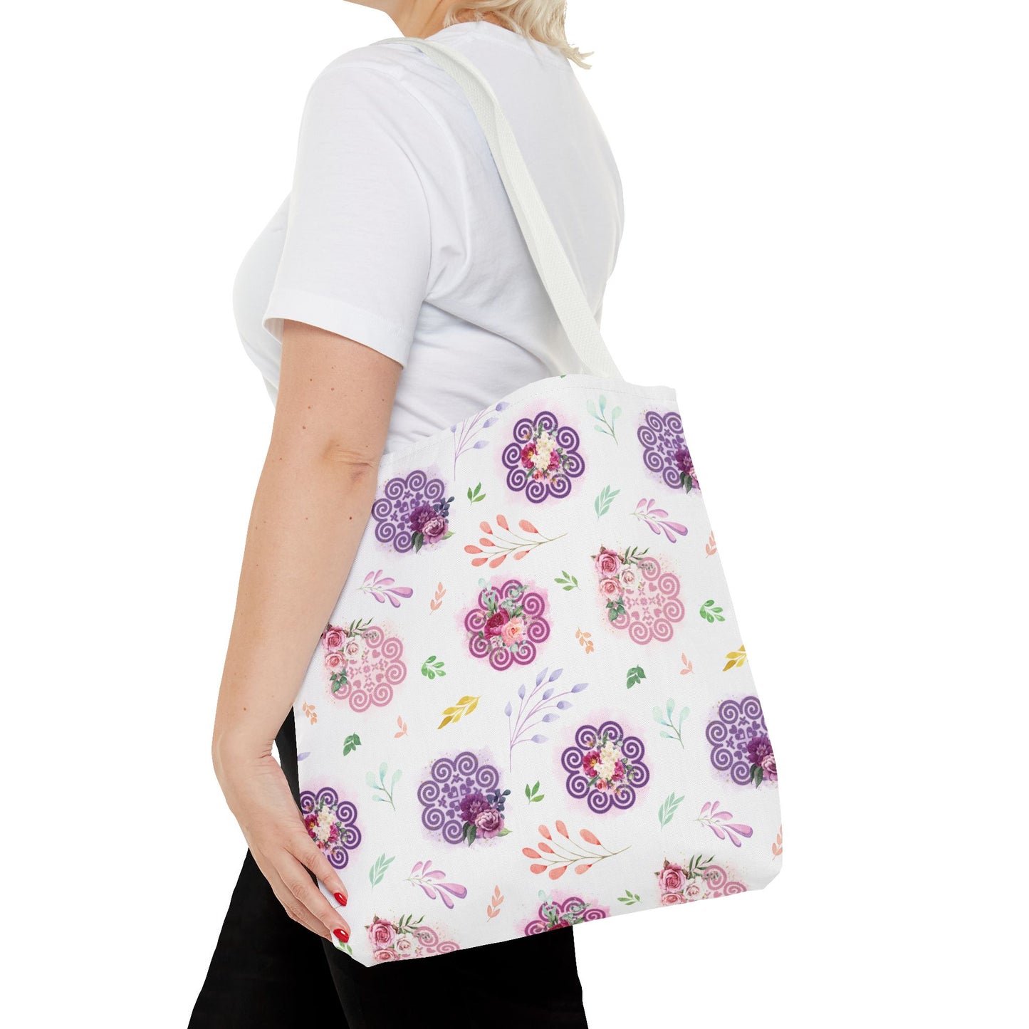 Tote Bag (AOP) - Hmong Inspired - Pink Purple Theme - Watercolor Leaves - White BG