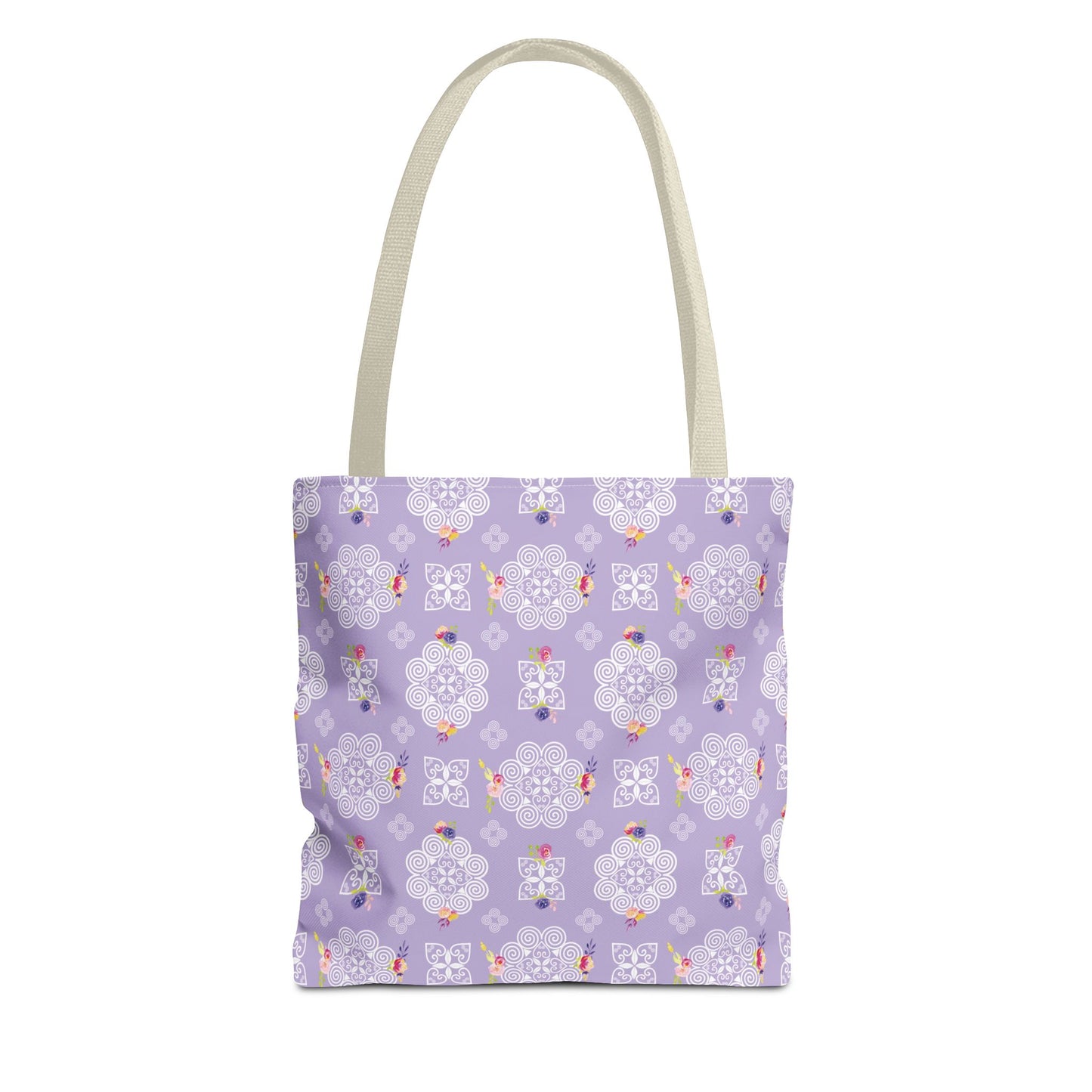 Tote Bag (AOP) - Hmong Inspired Design - Pink and Purple Roses Watercolor Florals Flowers - White on Purple BG