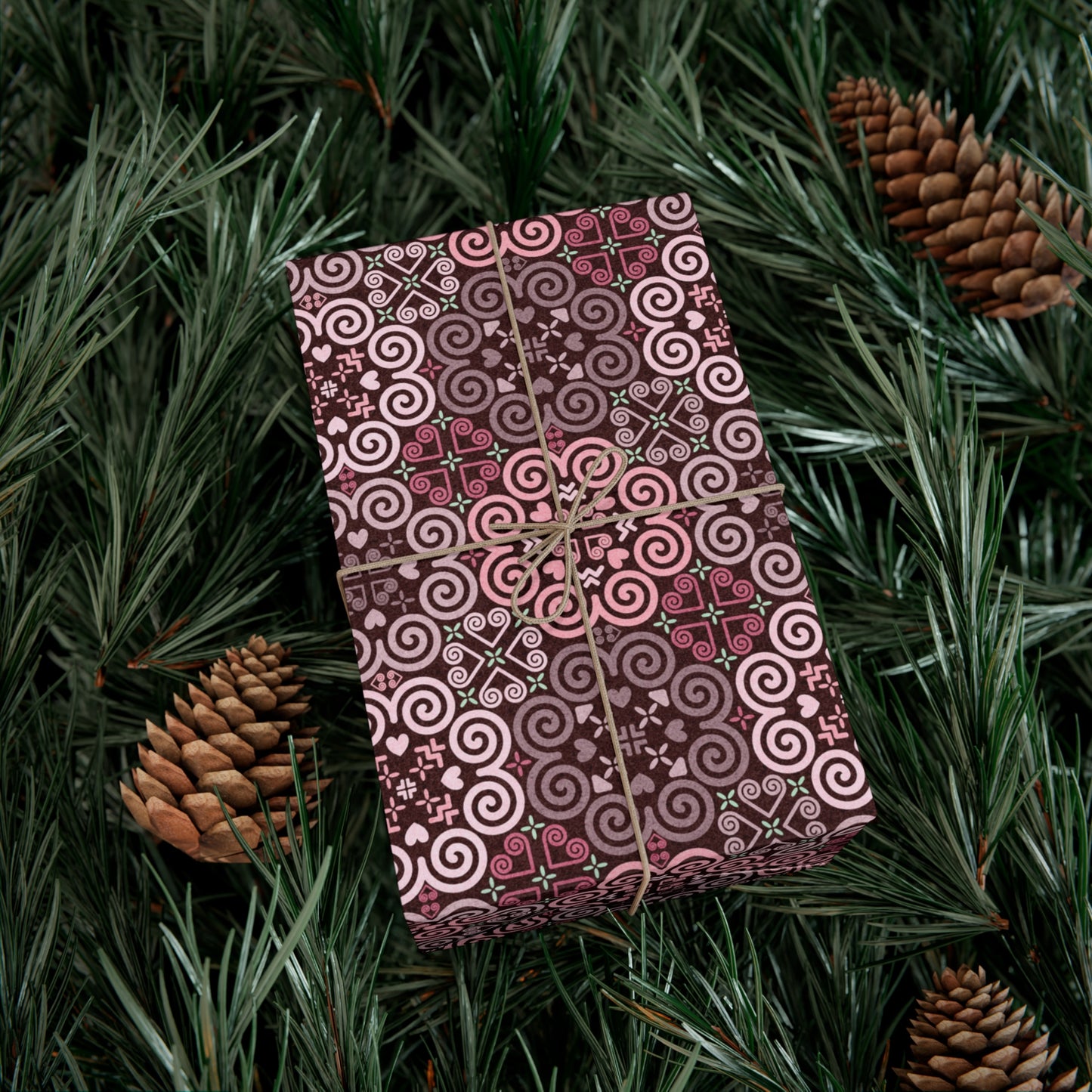 Gift Wrap Papers - Hmong Inspired - Cute Bright Colorful Bold Textured Watercolor - Pink Red Brown Theme on Dark Brown BG