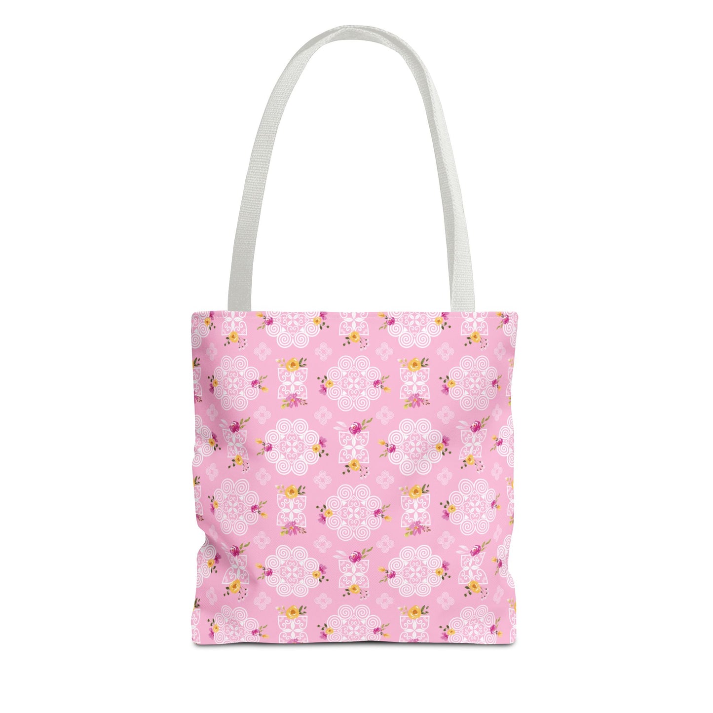 Tote Bag (AOP) - Hmong Inspired Design - Pink and Yellow Watercolor Floral Flowers - White on Pink Background