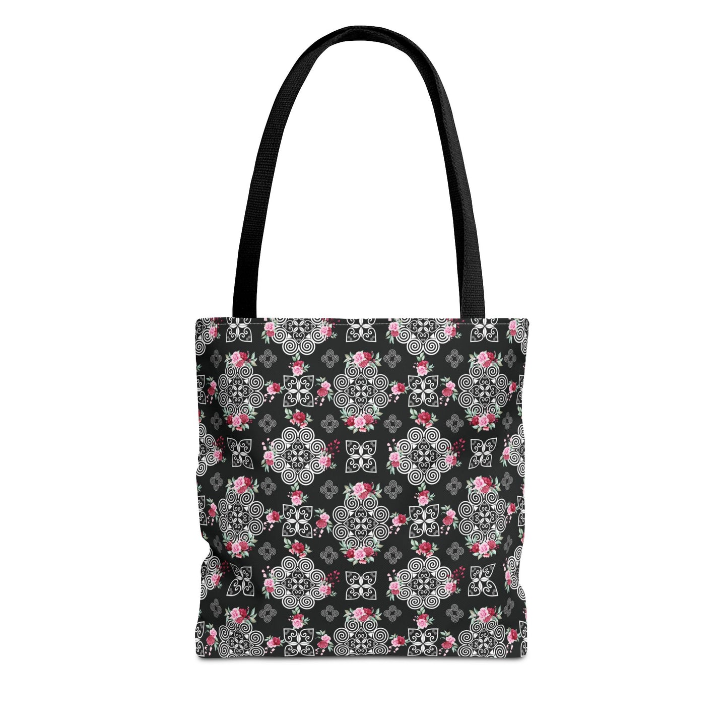 Tote Bag (AOP) - Hmong Inspired Design - Red and Pink Roses Watercolor Floral Flowers - White on Black Background