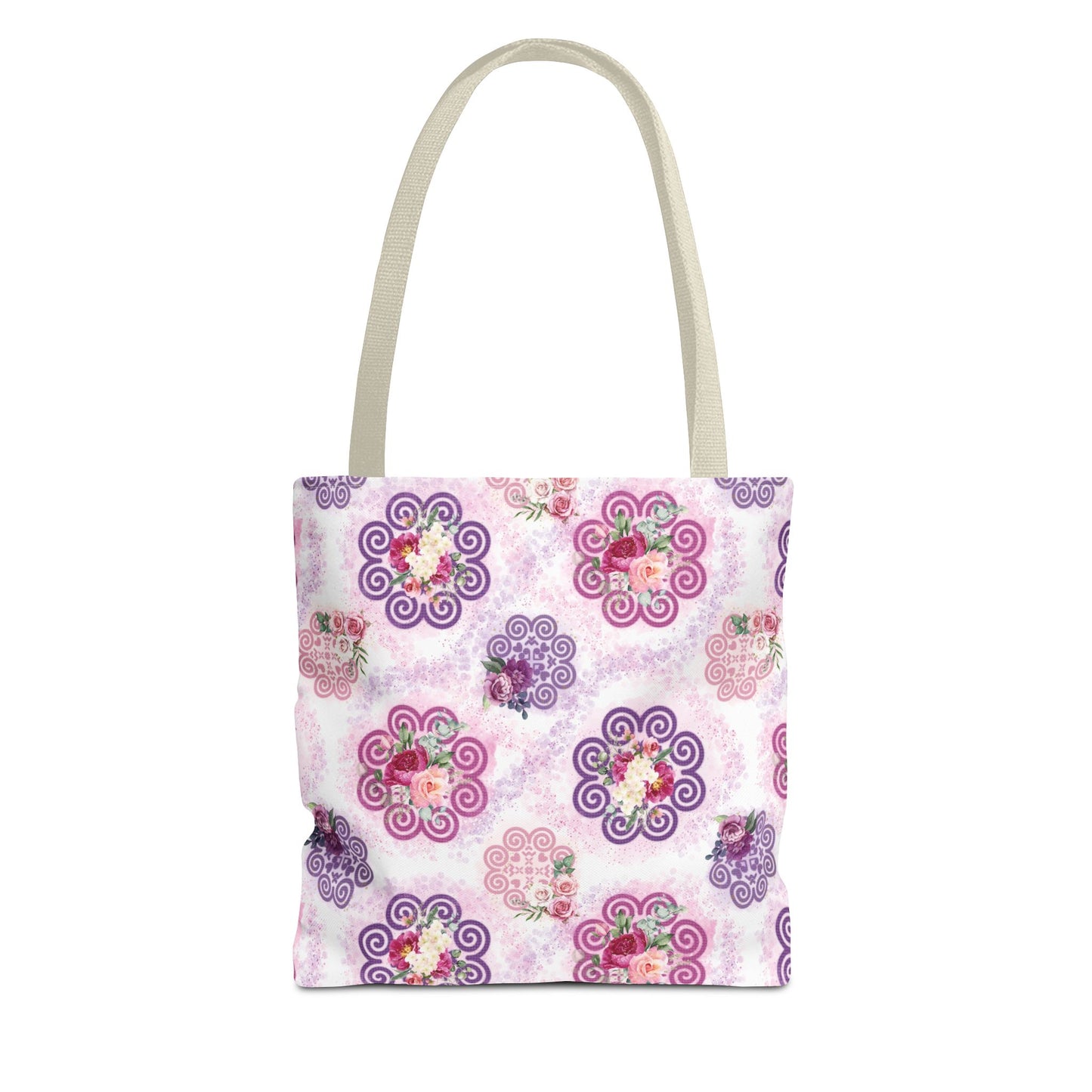 Tote Bag (AOP) - Hmong Inspired Design - Patch Texture - Pink Purple Watercolor Florals - Pink Purple Ink Splash - Large Design