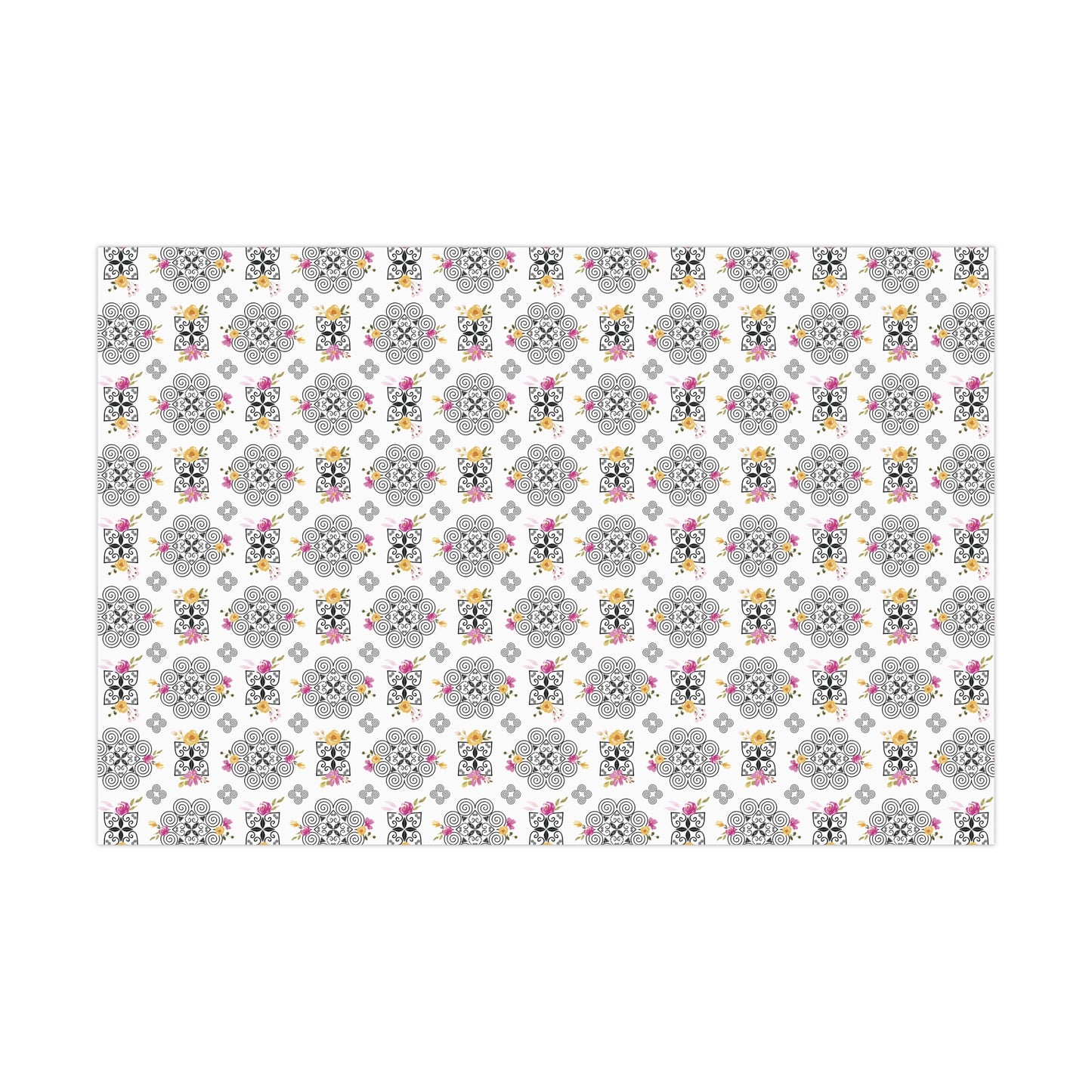 Gift Wrap Papers - Hmong Inspired Design - Pink and Yellow Watercolor Florals Flowers