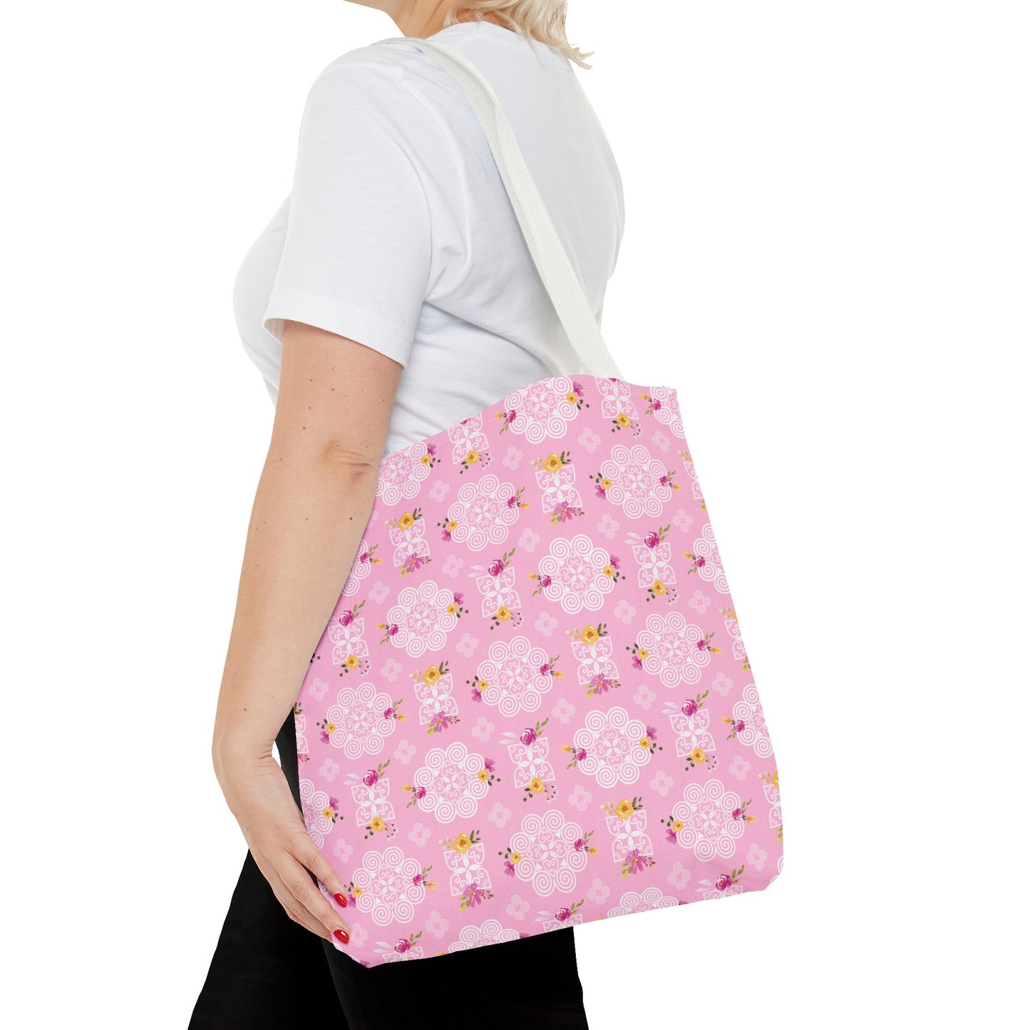 Tote Bag (AOP) - Hmong Inspired Design - Pink and Yellow Watercolor Floral Flowers - White on Pink Background