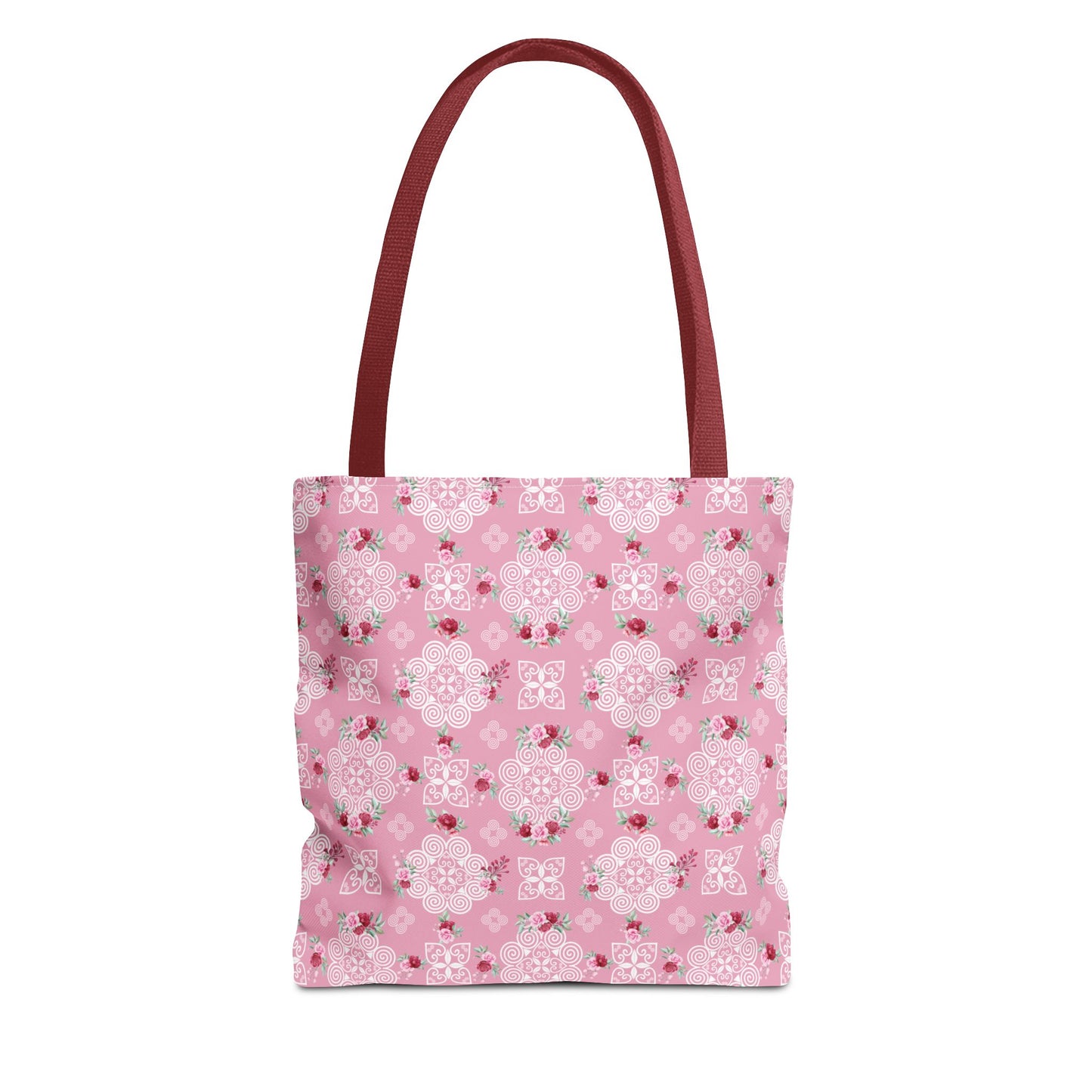Tote Bag (AOP) - Hmong Inspired Design - Red and Pink Roses Watercolor Floral Flowers - White on Pink Background