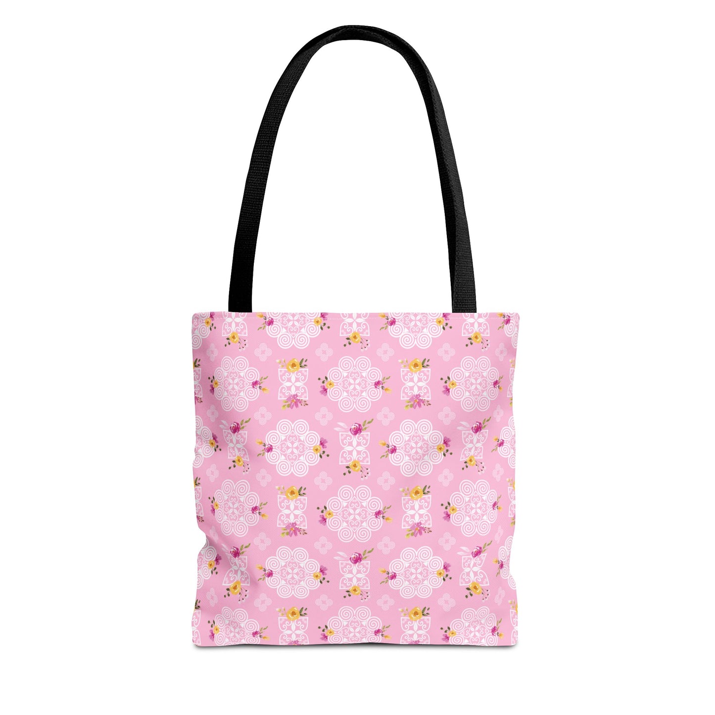 Tote Bag (AOP) - Hmong Inspired Design - Pink and Yellow Watercolor Floral Flowers - White on Pink Background