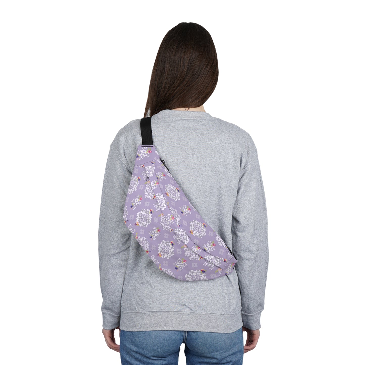 Large Fanny Pack - Hmong Inspired Design - Pink and Purple Watercolor Florals Flowers - White on Purple BG