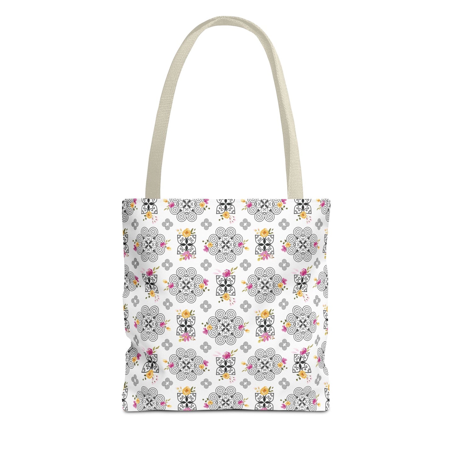 Tote Bag (AOP) - Hmong Inspired Design - Pink and Yellow Watercolor Floral Flowers - Black on White Background