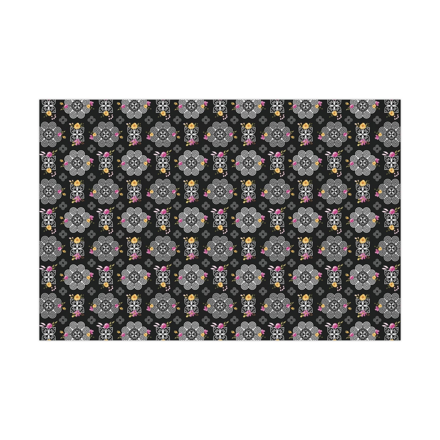 Gift Wrap Papers - Hmong Inspired Design - Pink and Yellow Watercolor Florals Flowers - Black Background