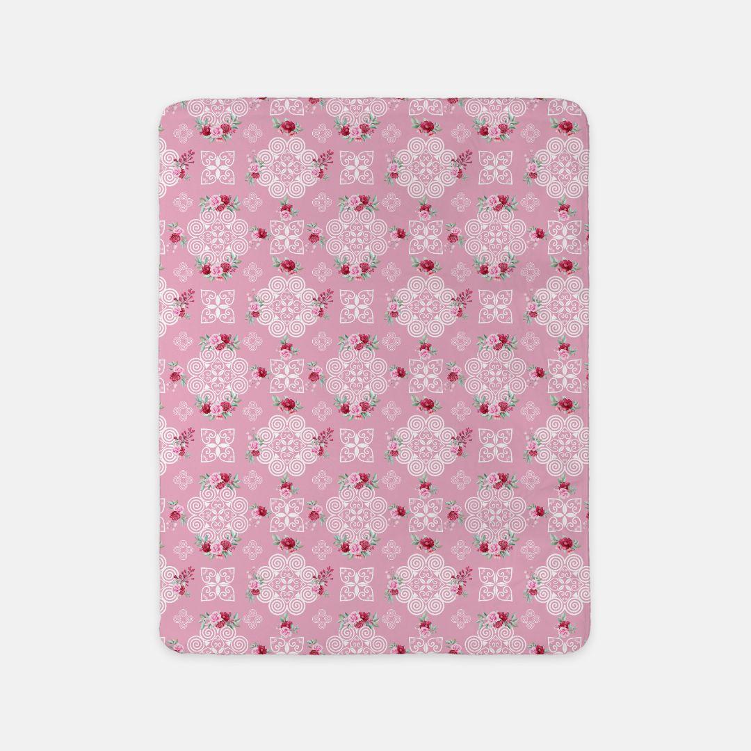 Sherpa Blanket (Sand) - Hmong Inspired Design - Red and Pink Roses Watercolor Florals - White on Pink BG