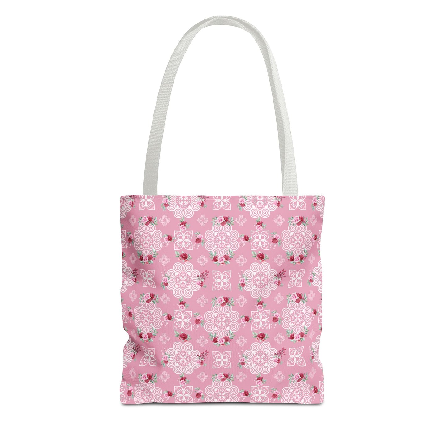 Tote Bag (AOP) - Hmong Inspired Design - Red and Pink Roses Watercolor Floral Flowers - White on Pink Background