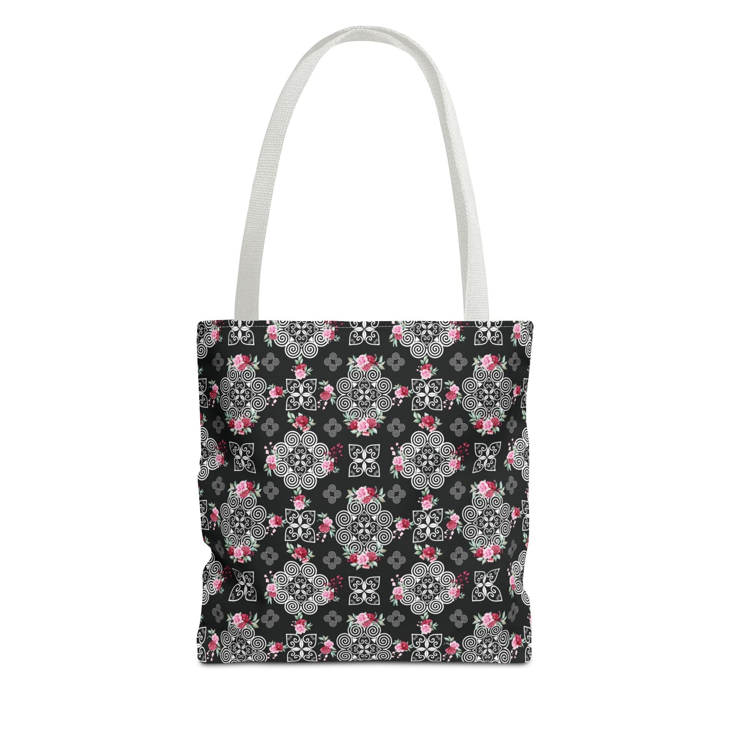 Tote Bag (AOP) - Hmong Inspired Design - Red and Pink Roses Watercolor Floral Flowers - White on Black Background