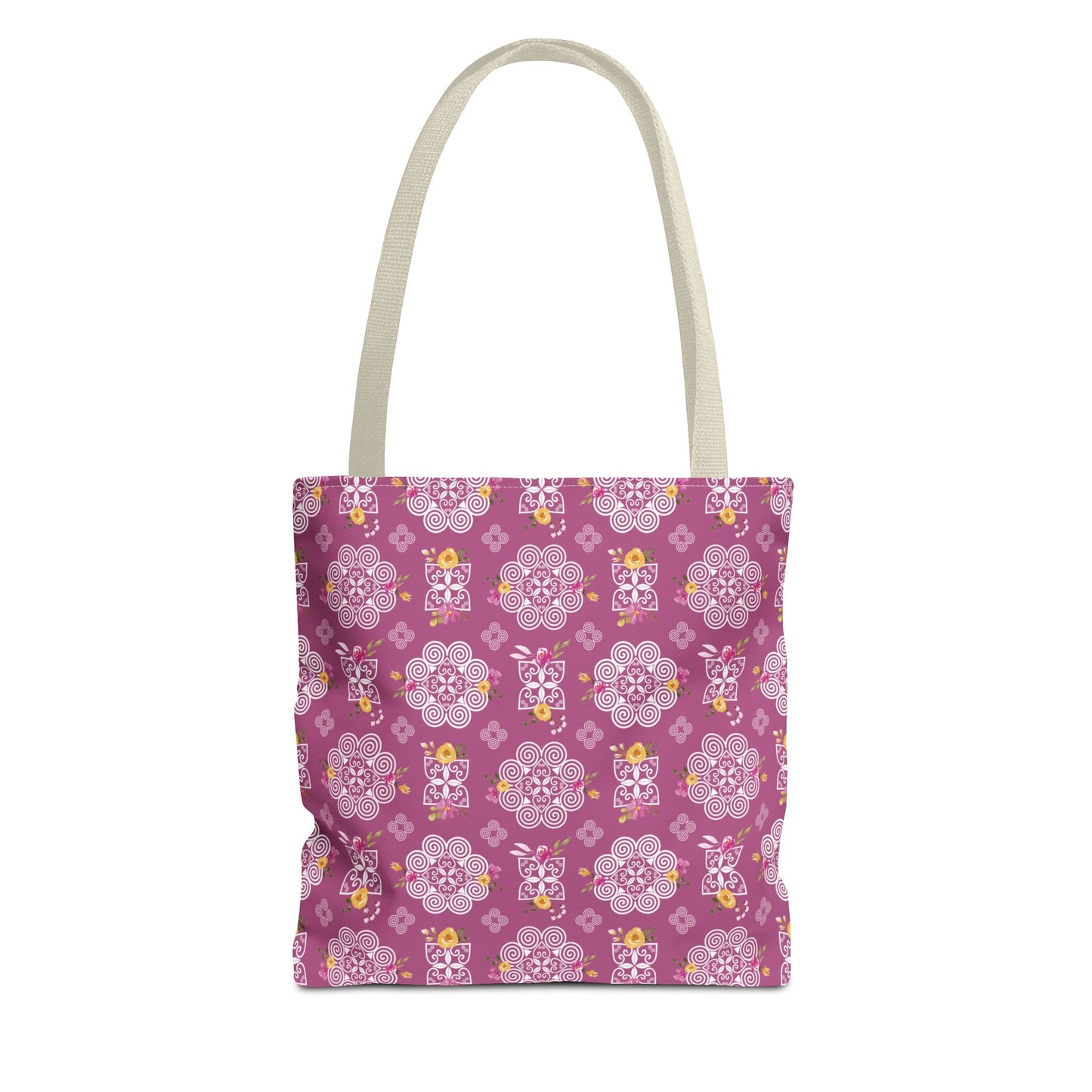 Tote Bag (AOP) - Hmong Inspired Design - Pink and Yellow Watercolor Floral Flowers - White on Plum Background