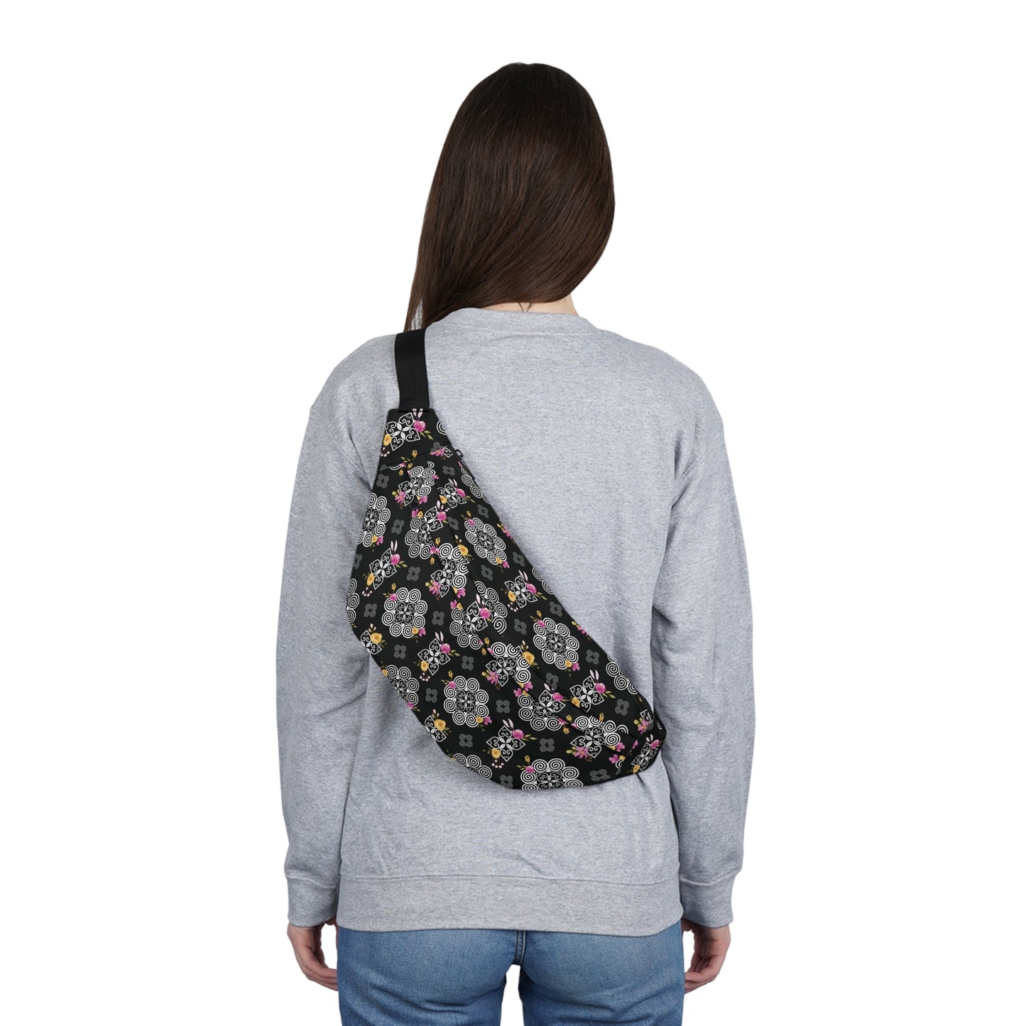 Large Fanny Pack - Hmong Inspired Design - Pink and Yellow Watercolor Florals Flowers - White on Black BG