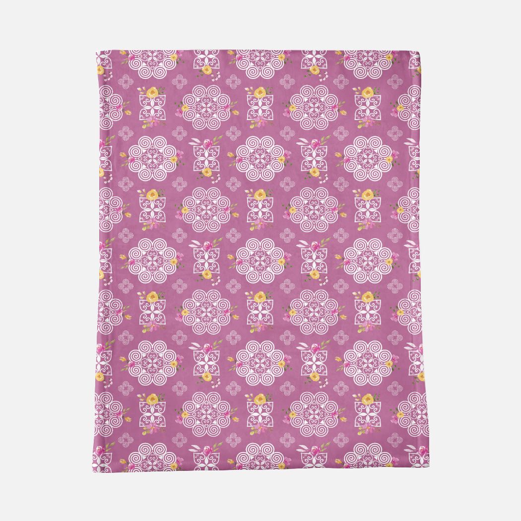 Minky Blanket - Hmong Inspired - Pink Yellow Watercolor Florals - Plum BG