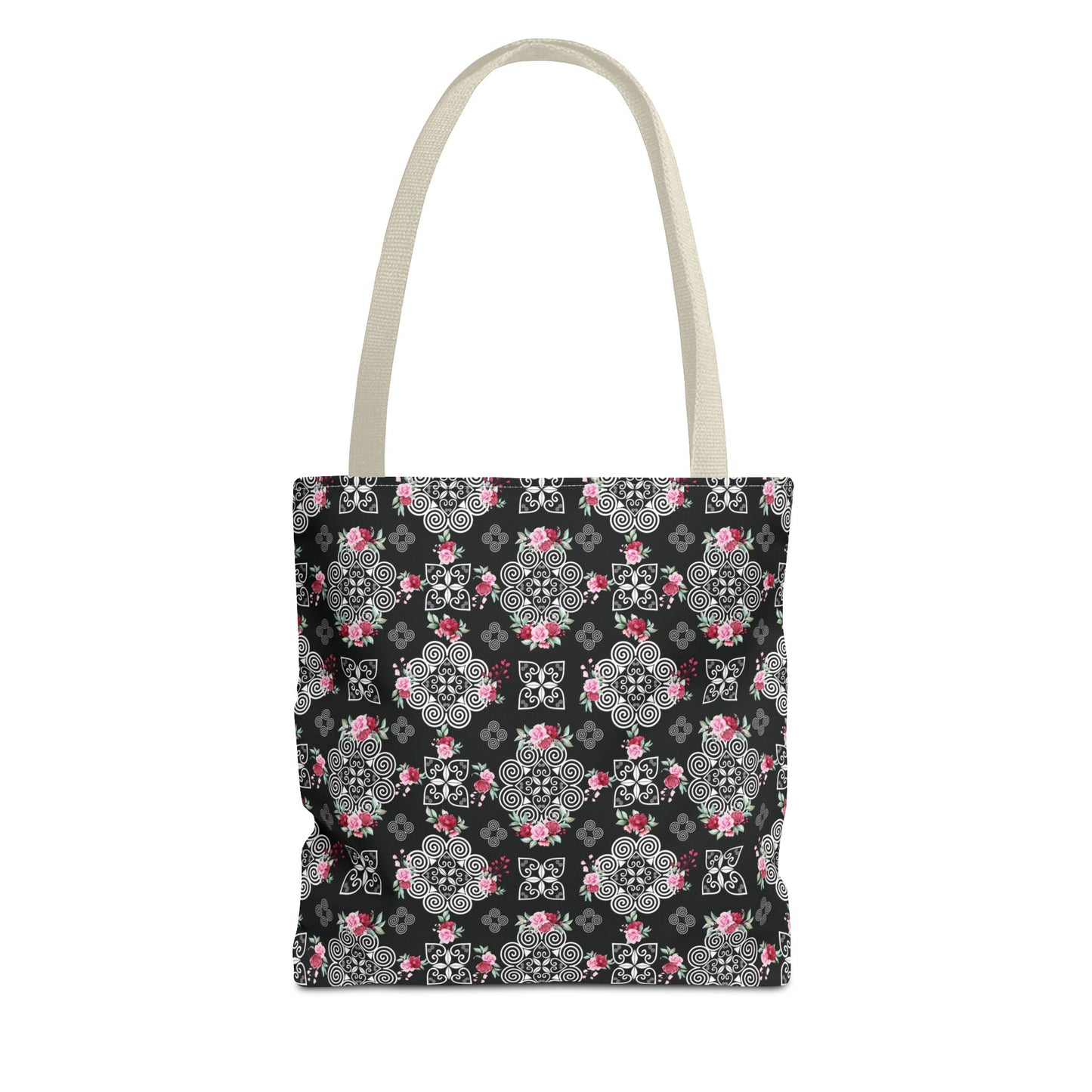 Tote Bag (AOP) - Hmong Inspired Design - Red and Pink Roses Watercolor Floral Flowers - White on Black Background