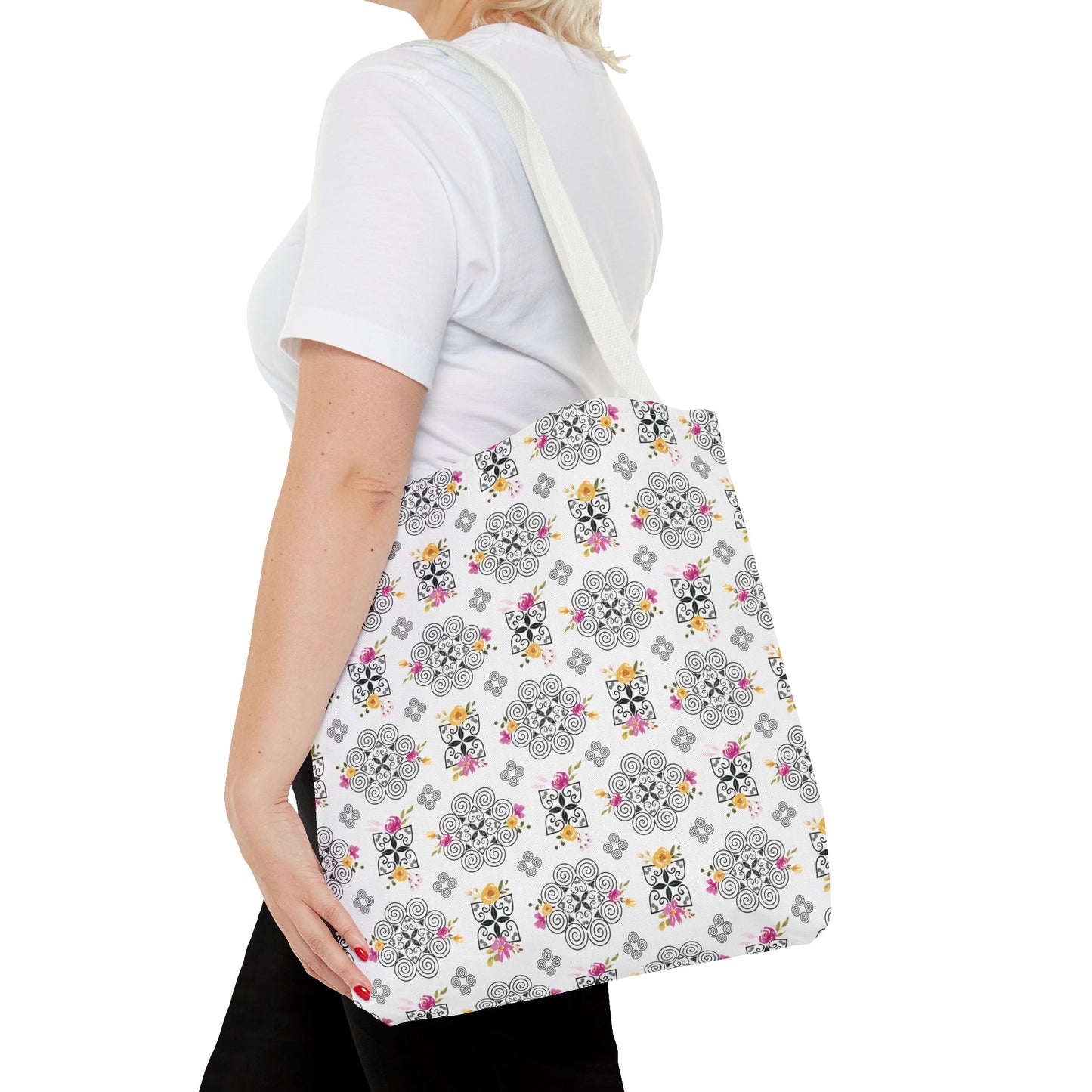 Tote Bag (AOP) - Hmong Inspired Design - Pink and Yellow Watercolor Floral Flowers - Black on White Background