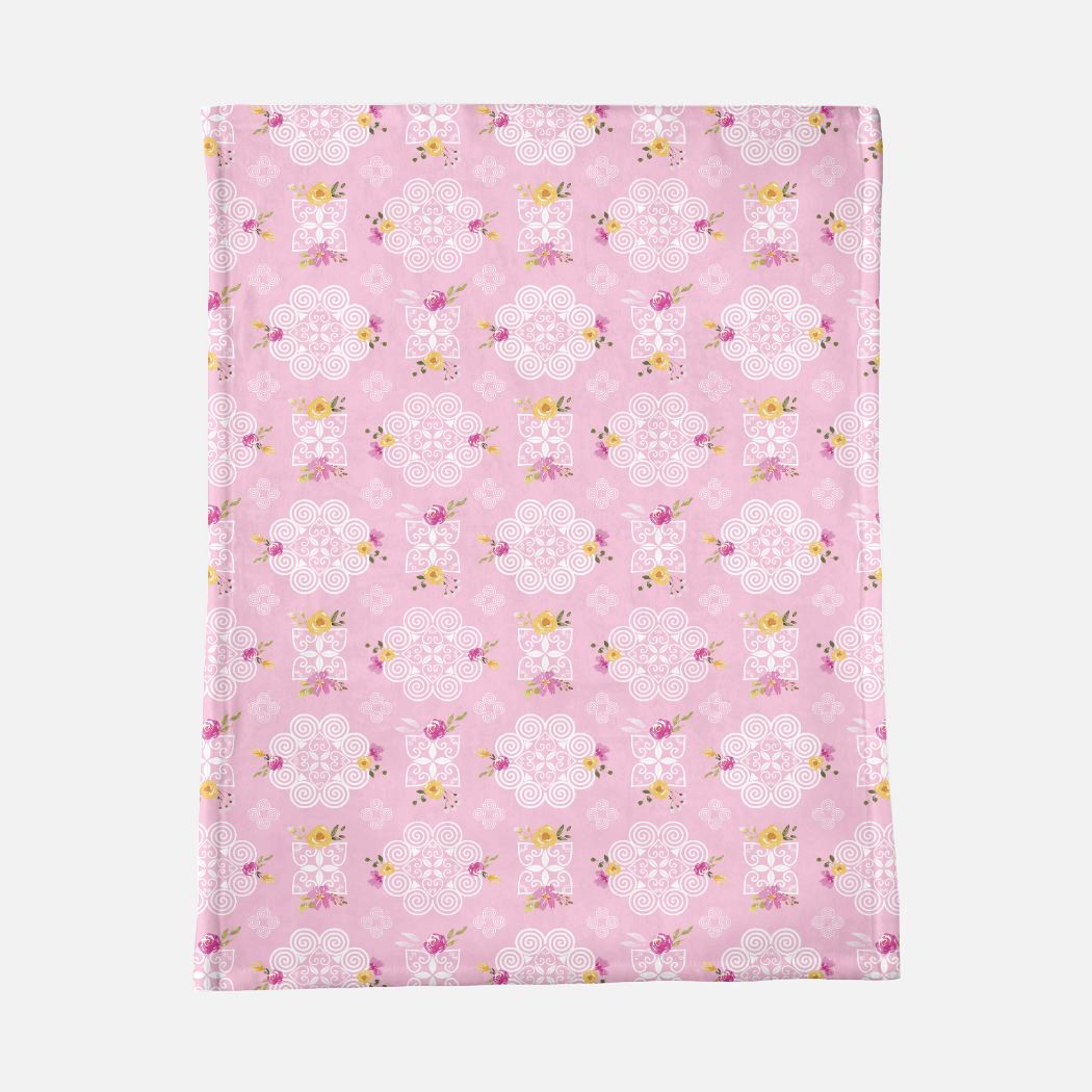 Minky Blanket - Hmong Inspired - Pink Yellow Watercolor Florals - Pink BG