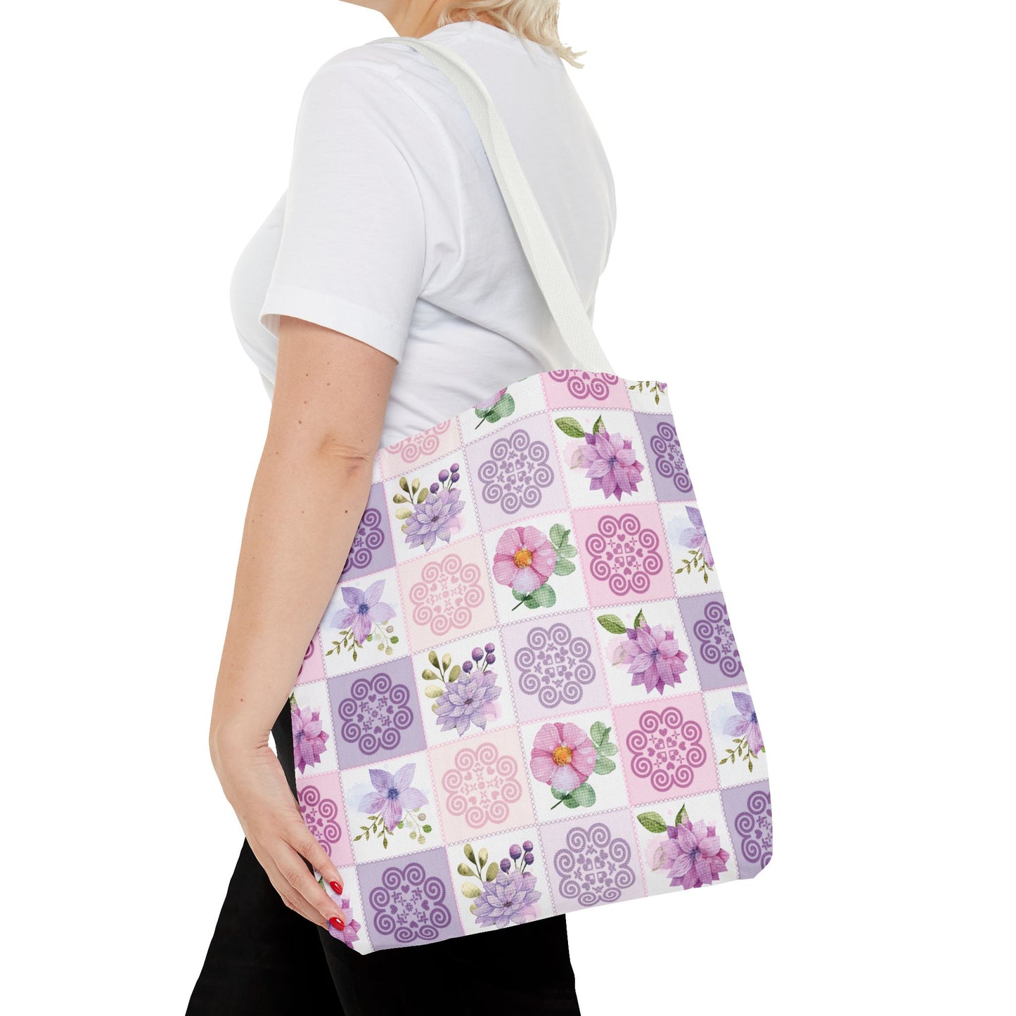 Tote Bag (AOP) - Hmong Inspired Design - Pink Purple Watercolor Theme - Patch Square Pattern