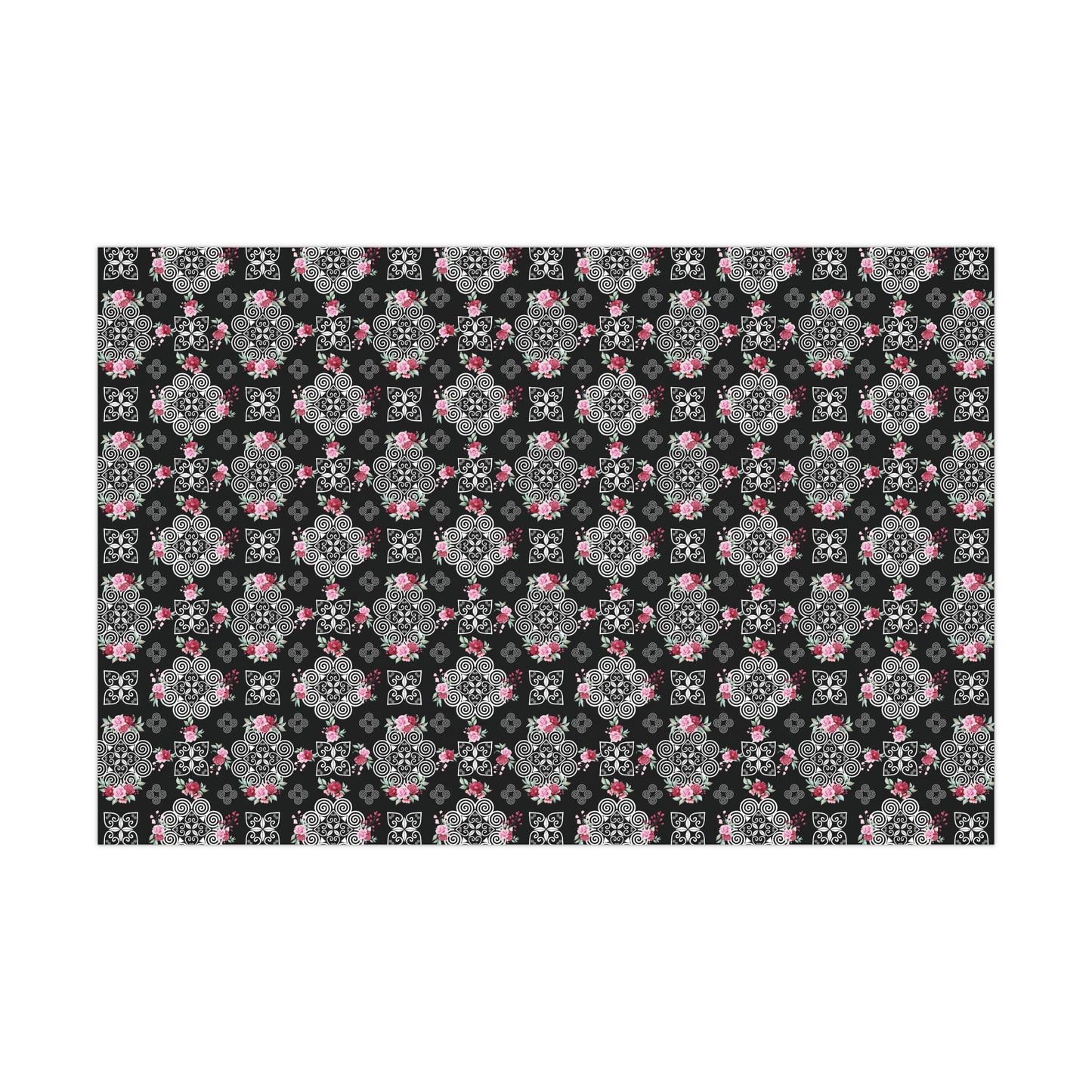 Gift Wrap Papers - Hmong Inspired Design - Pink and Red Roses Watercolor Florals Flowers - White on Black BG