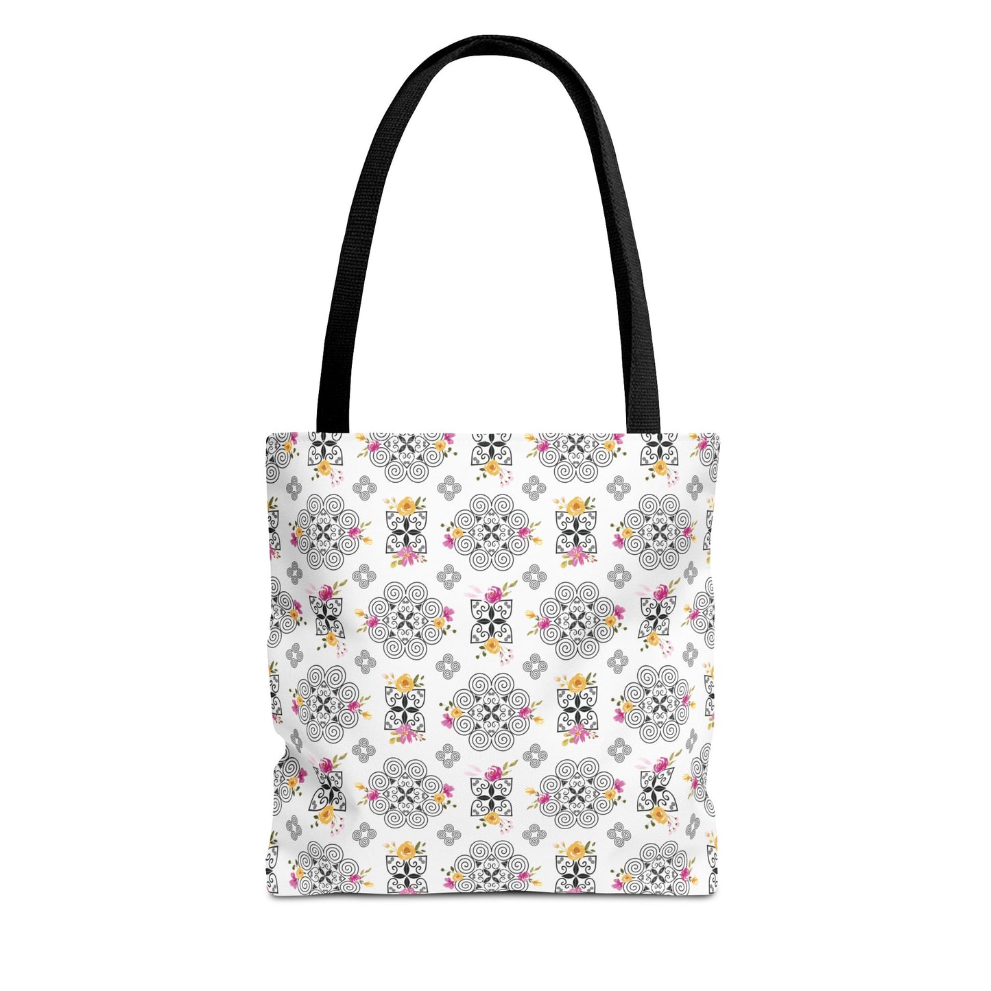 Tote Bag (AOP) - Hmong Inspired Design - Pink and Yellow Watercolor Floral Flowers - Black on White Background