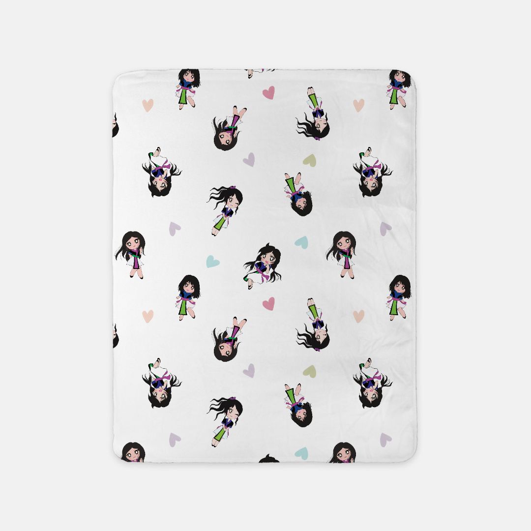 Sherpa Blanket (SAND) - Hmong Inspired - Kawaii Characters - Hearts Only Watercolor - White BG