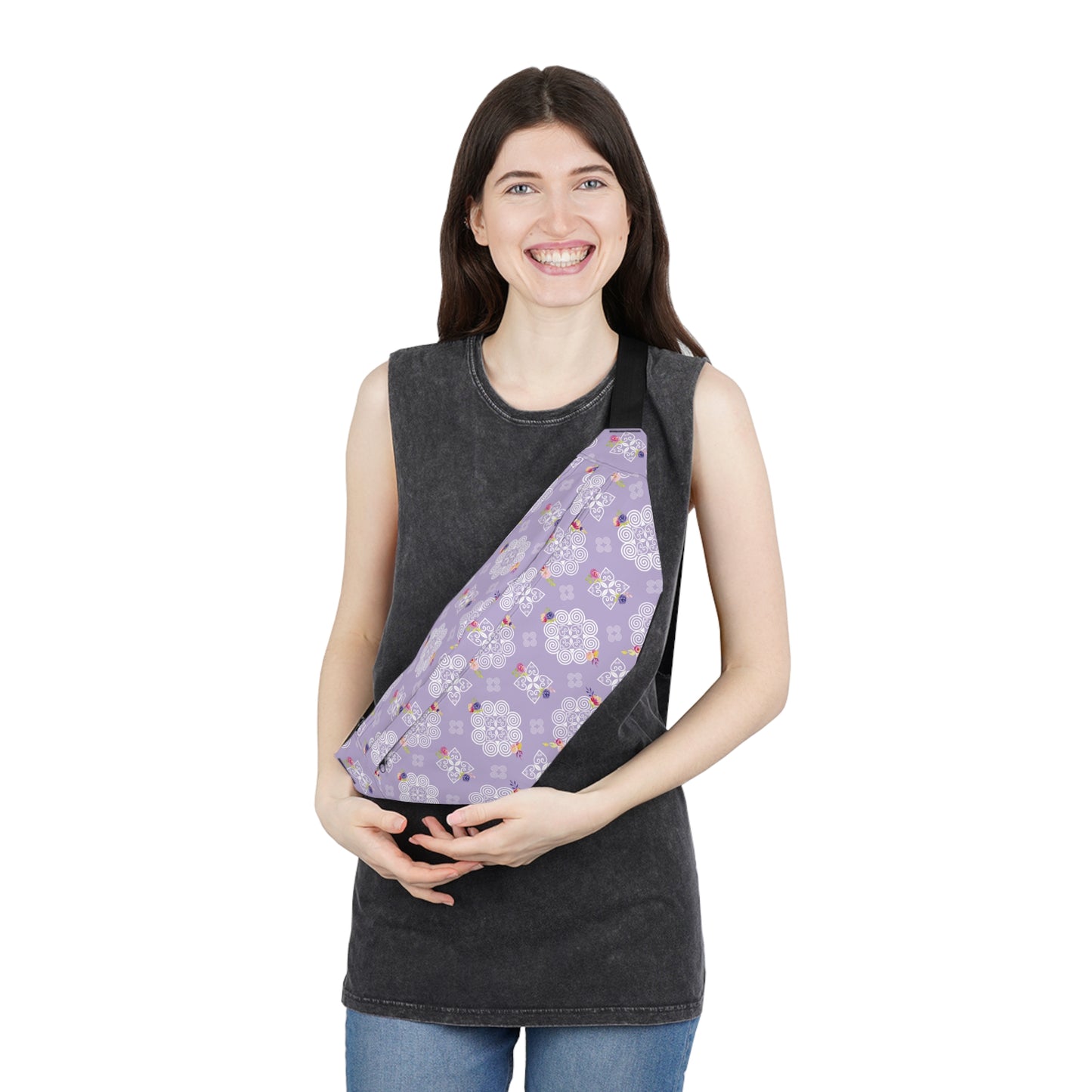 Large Fanny Pack - Hmong Inspired Design - Pink and Purple Watercolor Florals Flowers - White on Purple BG