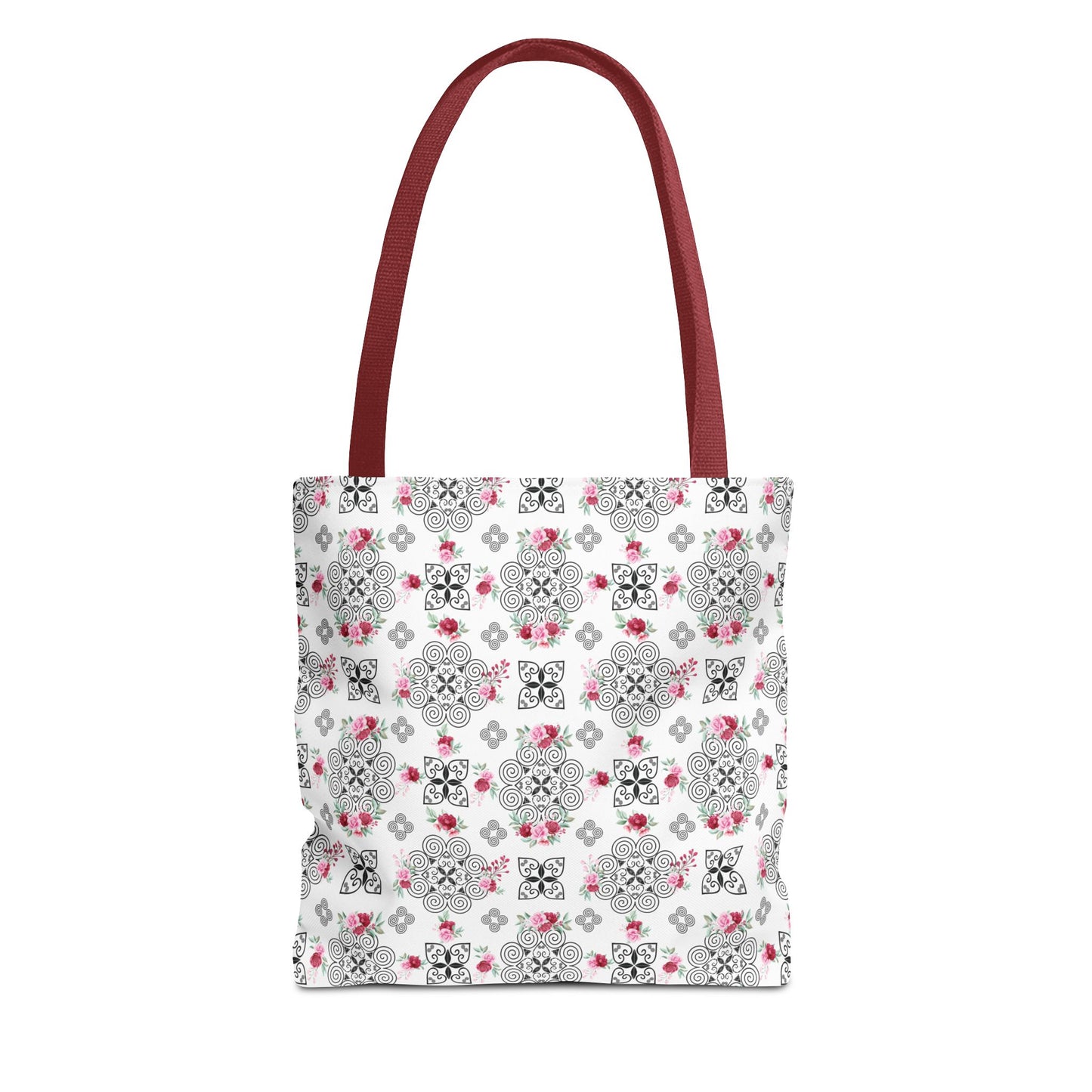 Tote Bag (AOP) - Hmong Inspired Design - Red and Pink Roses Watercolor Floral Flowers - Black on White Background