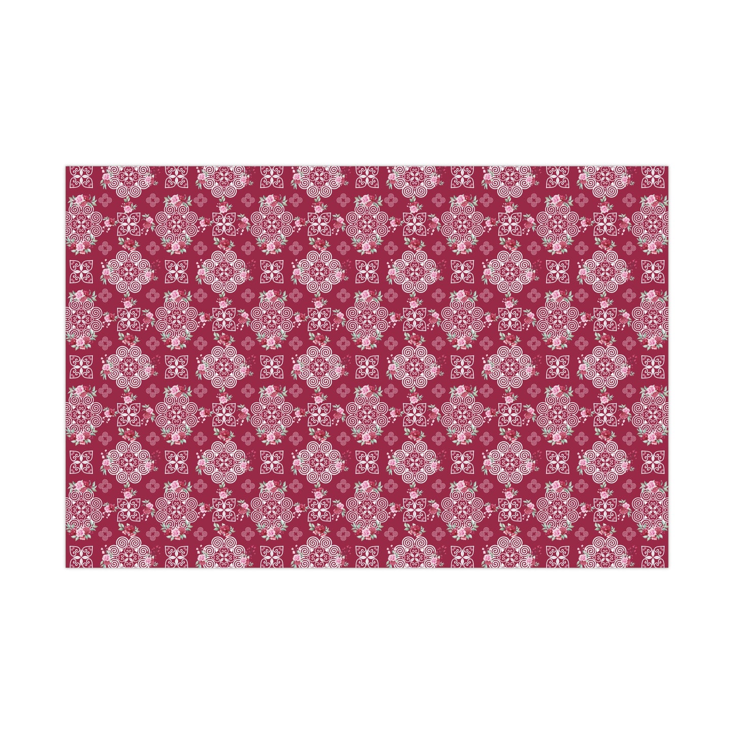 Gift Wrap Papers - Hmong Inspired Design - Pink and Red Roses Watercolor Florals Flowers - Red Background