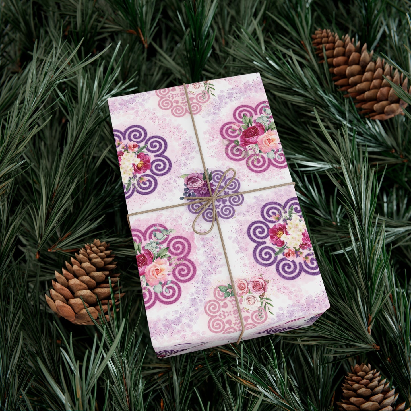 Gift Wrap Papers - Hmong Inspired - Pink & Purple Watercolor Florals Flowers Patch - Pink Purple Ink Drips - White BG