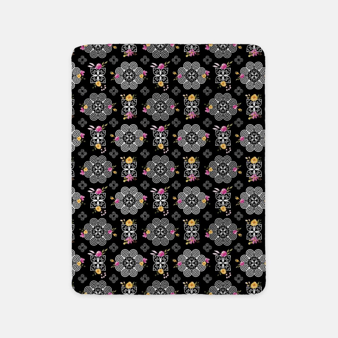 SHERPA BLANKET (SAND) - HMONG INSPIRED DESIGN - PINK AND YELLOW WATERCOLOR FLOWER FLORALS - WHITE ON BLACK BG