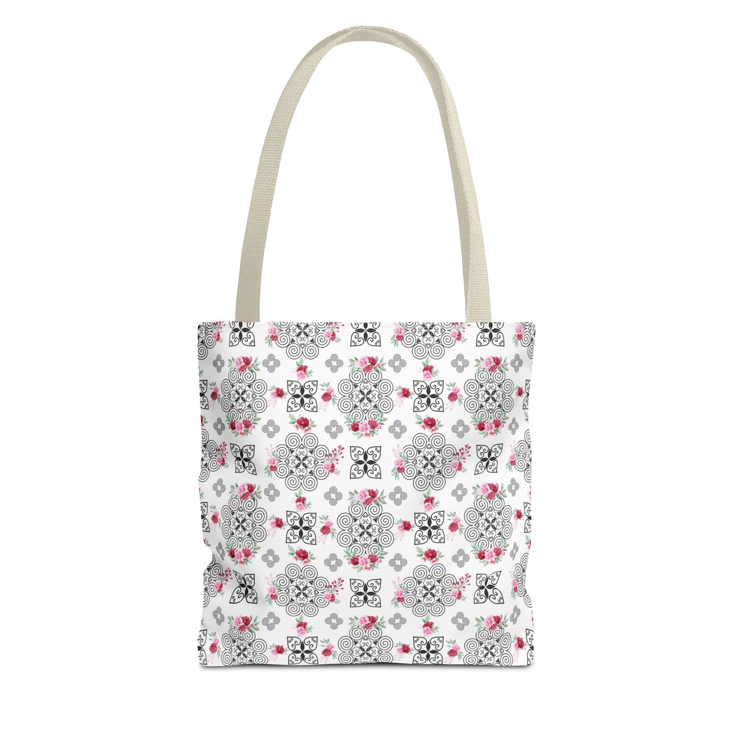 Tote Bag (AOP) - Hmong Inspired Design - Red and Pink Roses Watercolor Floral Flowers - Black on White Background
