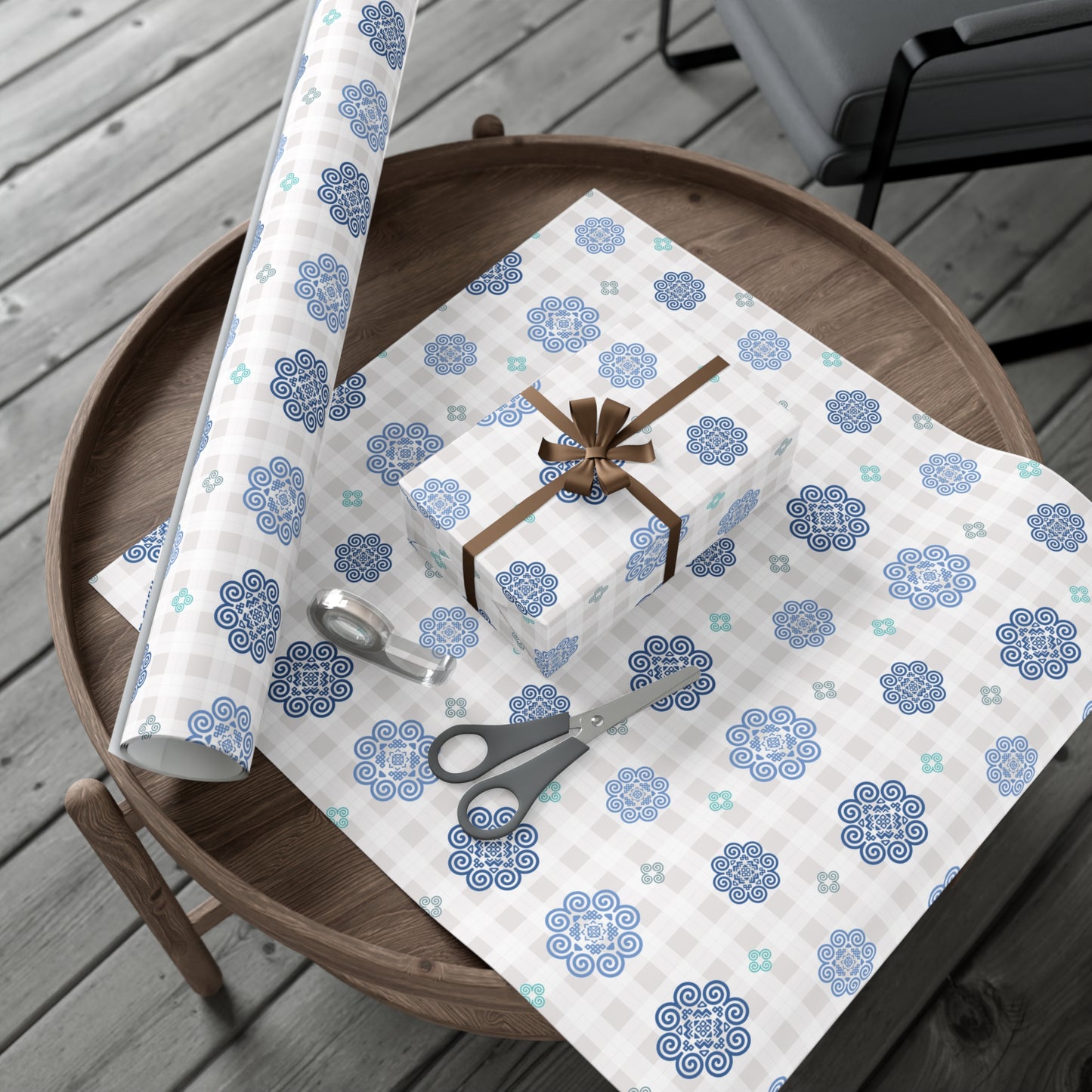Gift Wrap Papers - Hmong Inspired - Blue Neutral Theme - Plaid Pattern BG