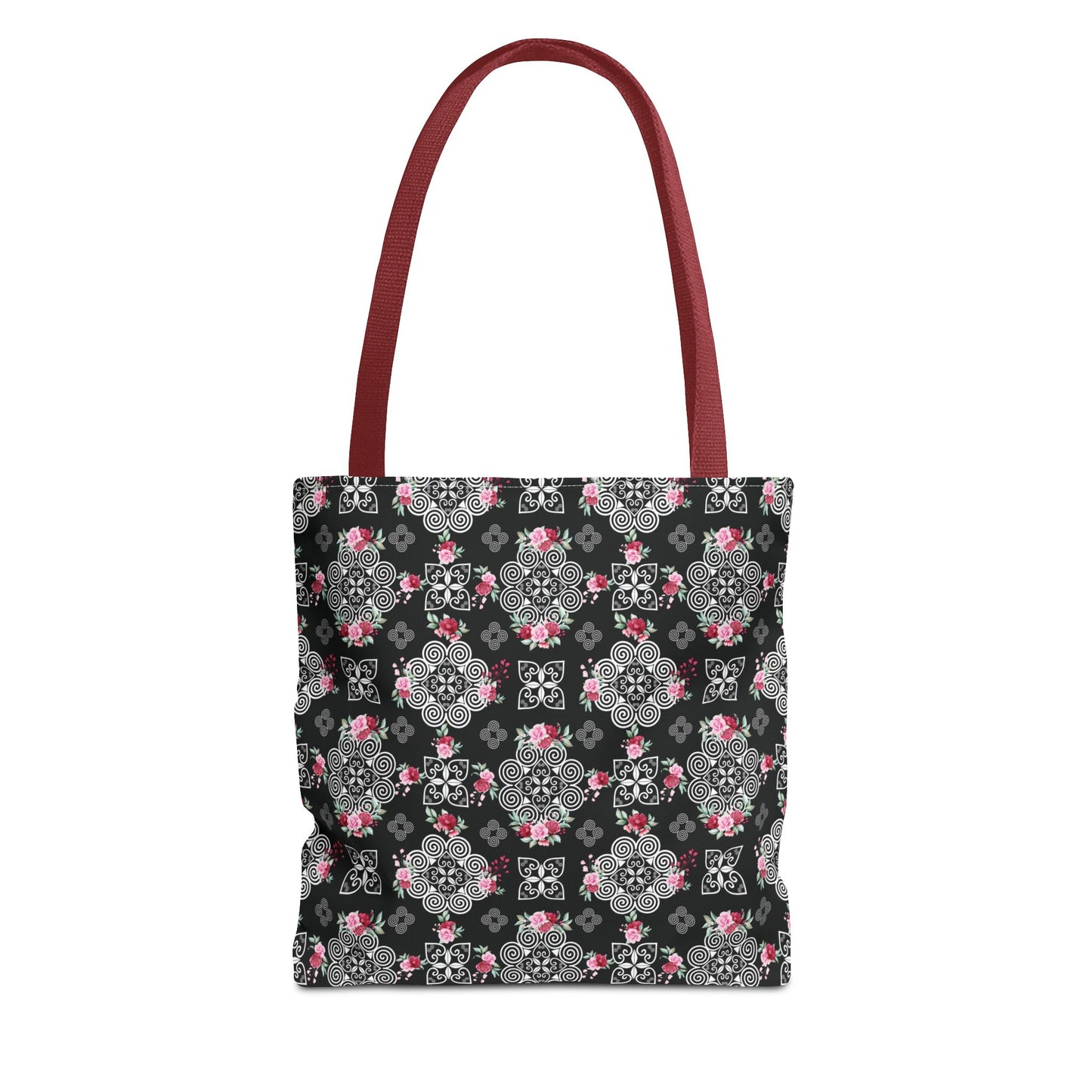 Tote Bag (AOP) - Hmong Inspired Design - Red and Pink Roses Watercolor Floral Flowers - White on Black Background